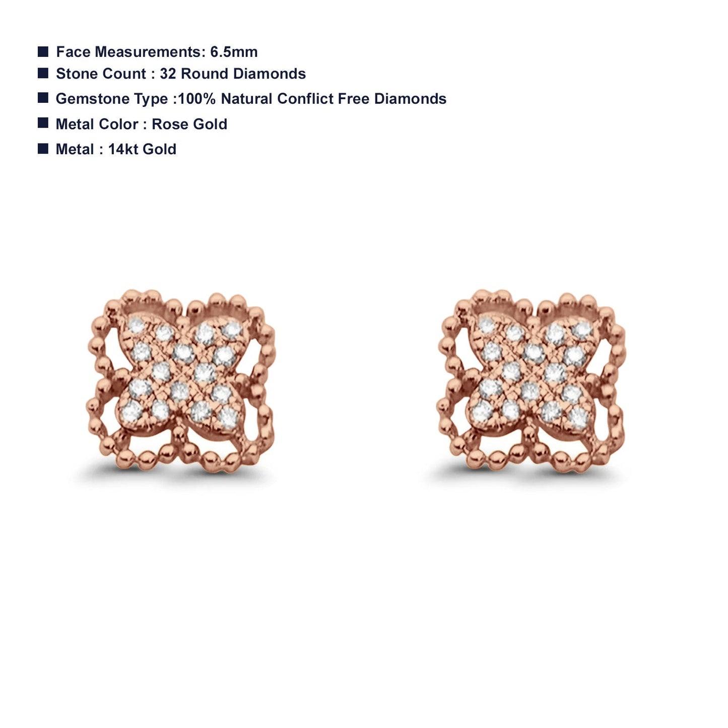 Diamond Butterfly Earrings Beaded 14K Rose Gold 0.14ct Wholesale