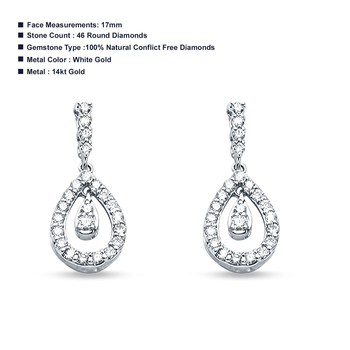 14kt Solid White Gold Exclusive Tear Drop Dangle Diamond Earrings  Wholesale