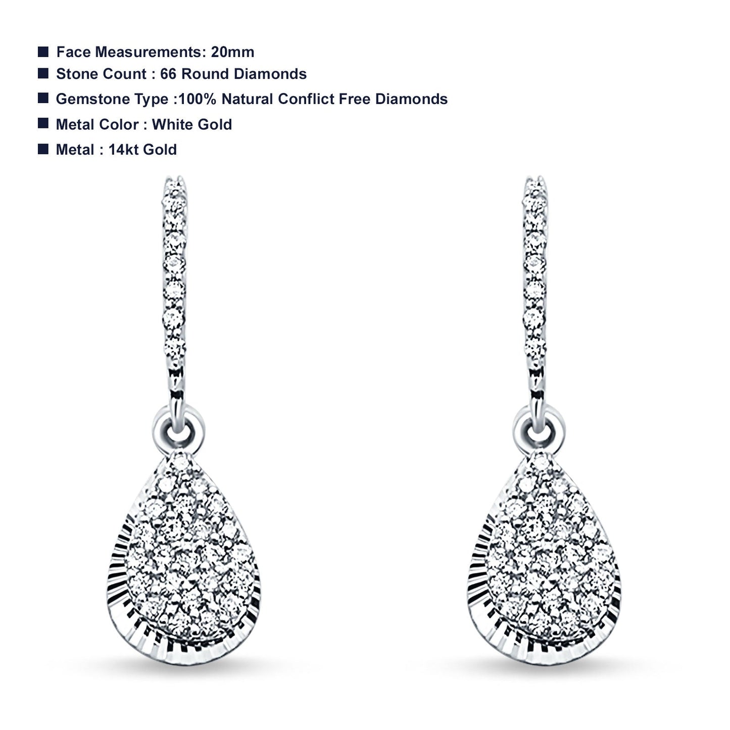 14k Solid White Gold Drop Dangle Studs Diamond Earrings Wholesale