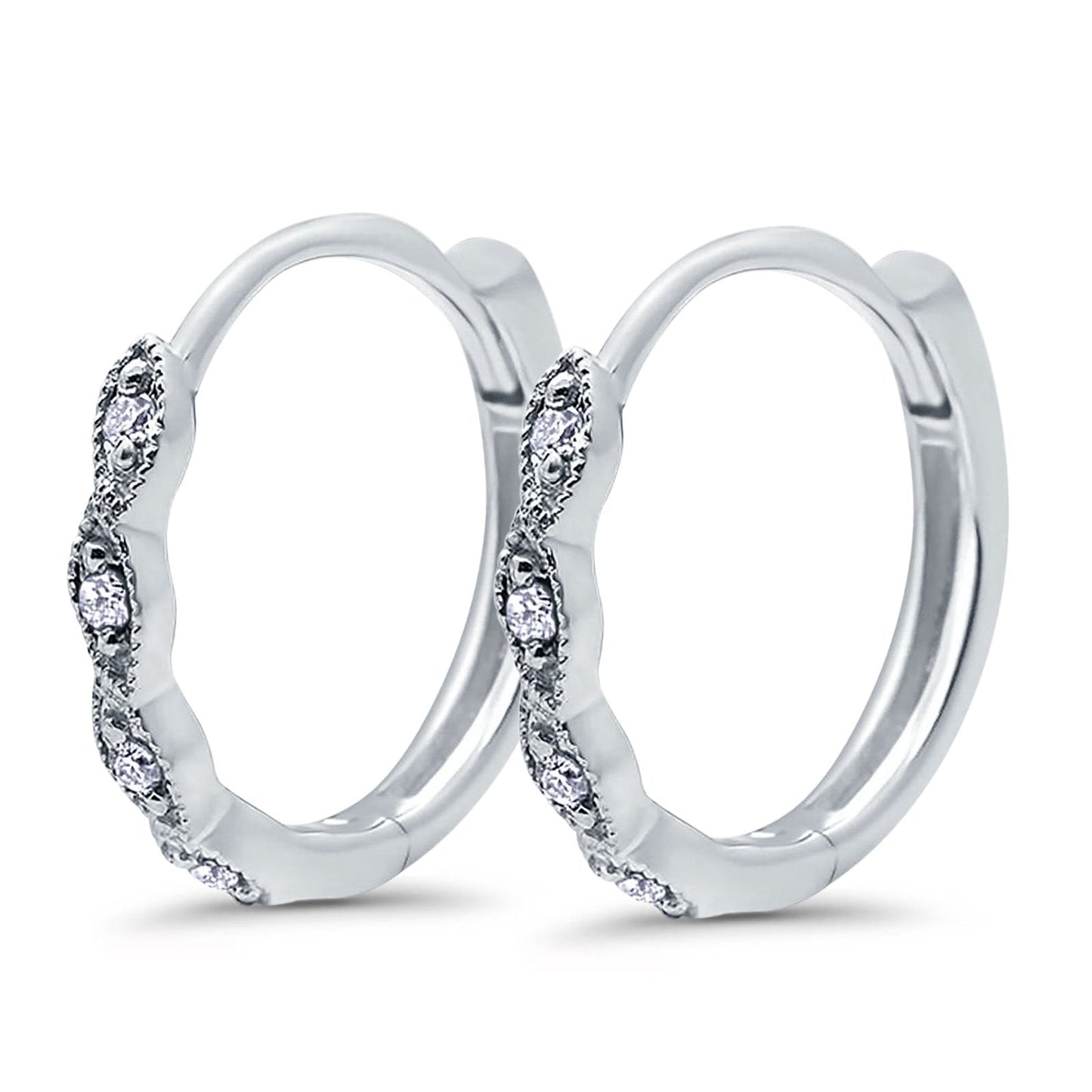 .09ct 14K White Gold Diamond Hoop Huggie Earrings