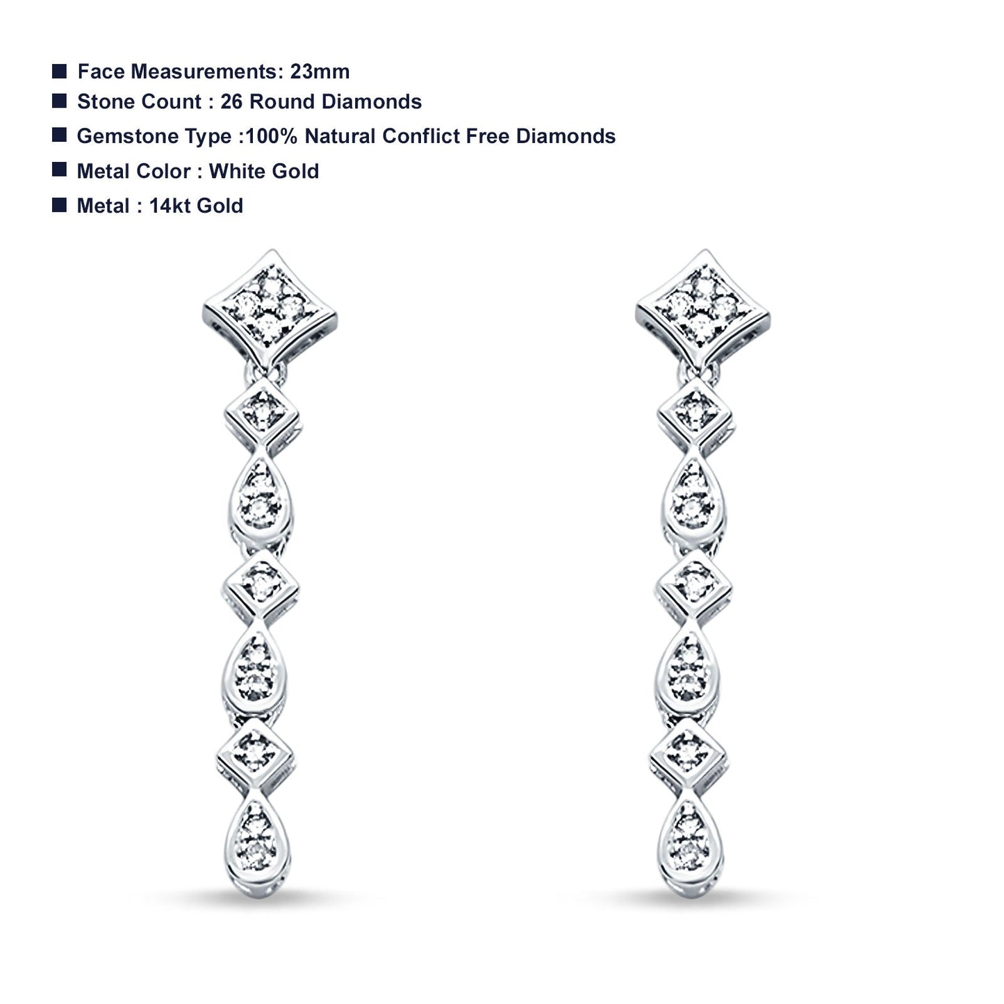 14k Solid White Gold Drop Dangle Antique Style Diamond Earrings Wholesale