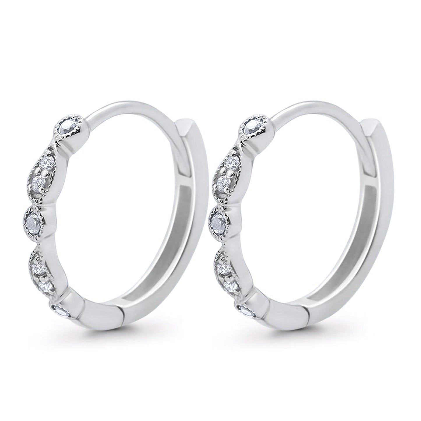 14K White Gold .14ct G SI Antique Style Hoop Huggie Diamond Earrings