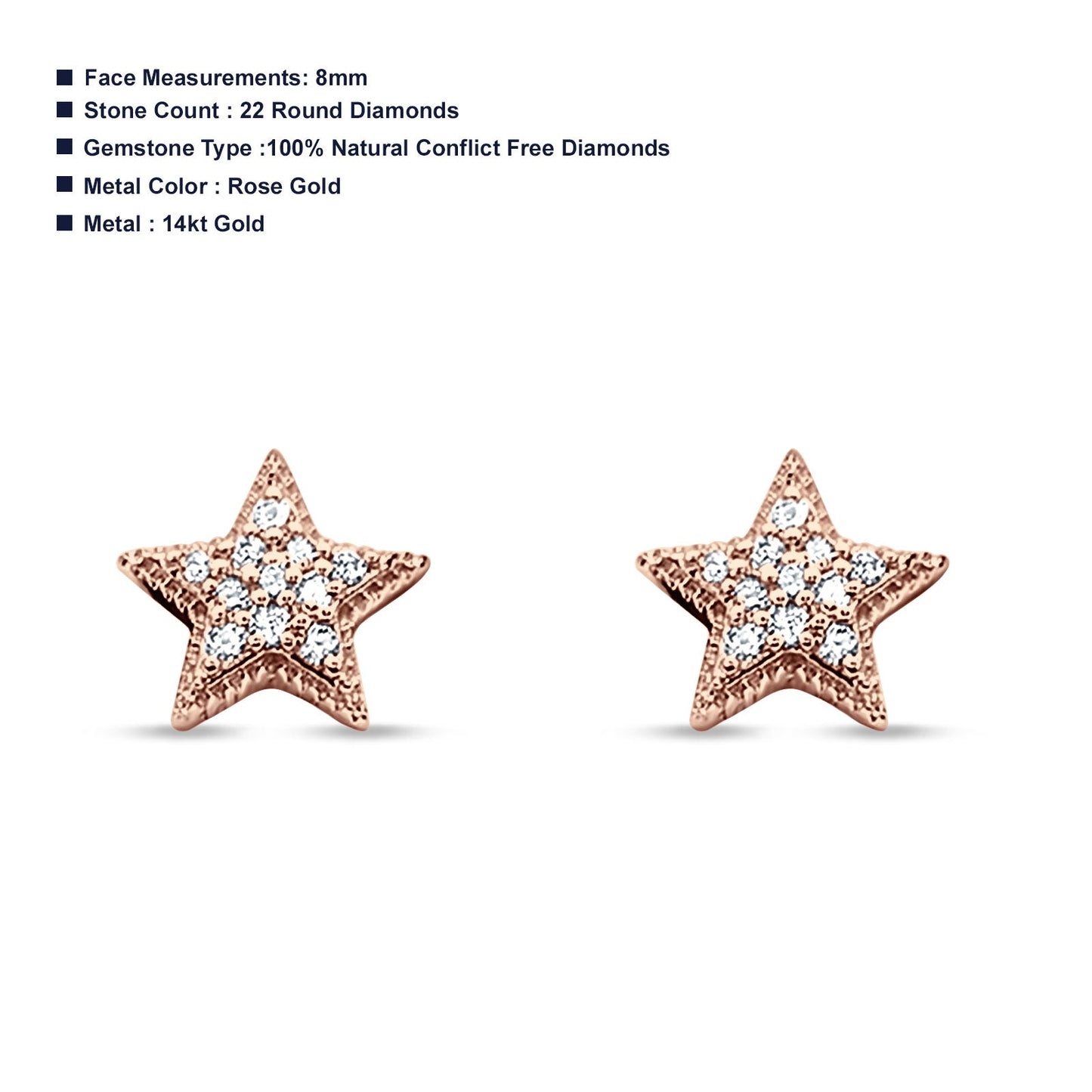 14kt Solid Rose Gold Star Stud Diamond Earrings Wholesale