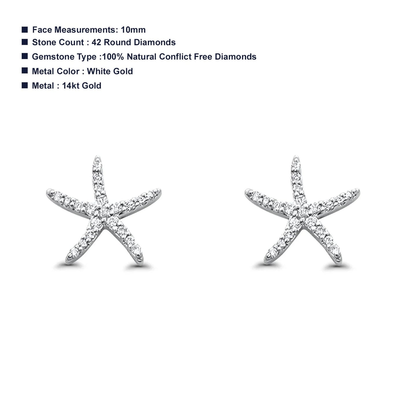 Solid 14K White Gold 10mm Star Diamond Stud Earrings Wholesale