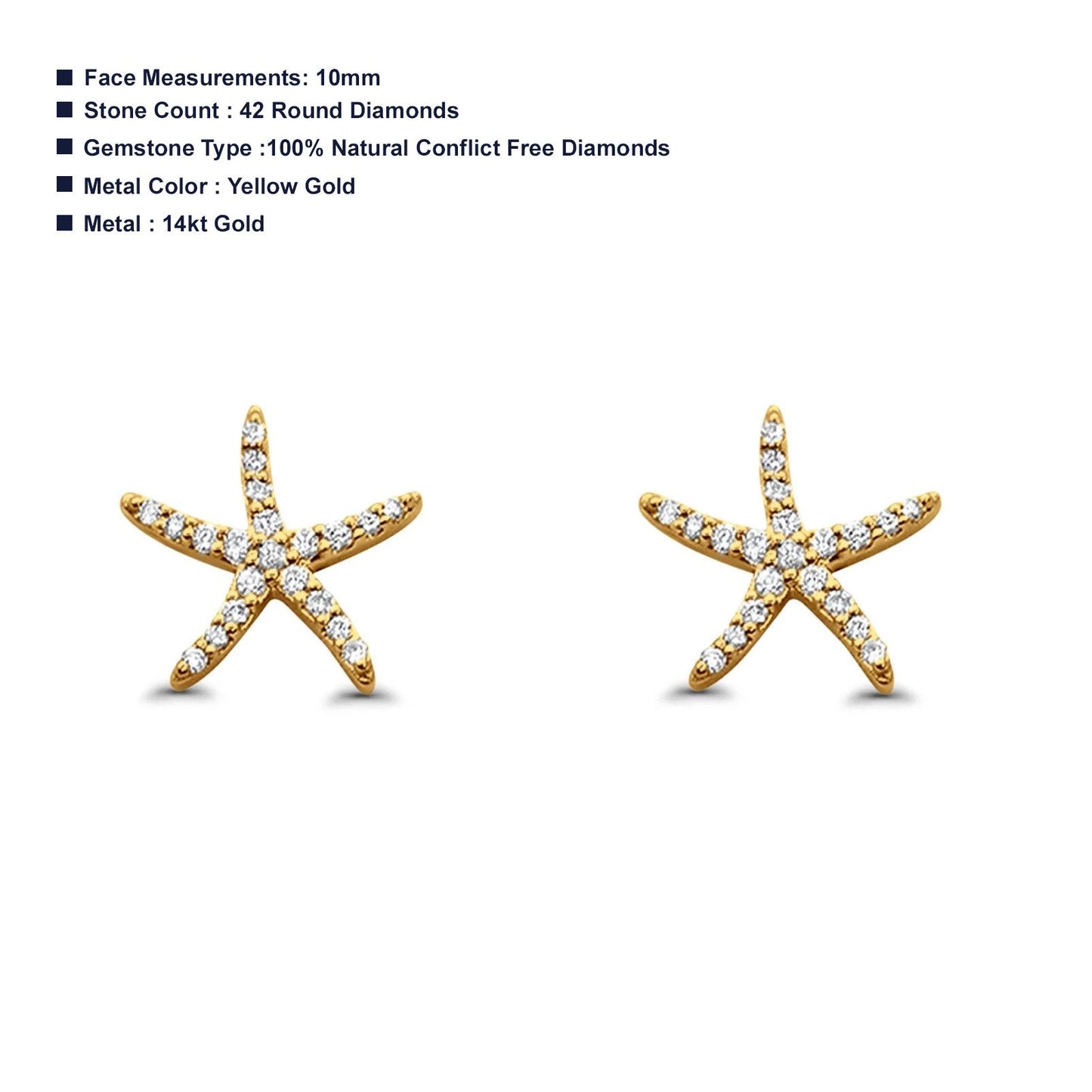 Solid 14K Yellow Gold 10mm Star Diamond Stud Earrings Wholesale