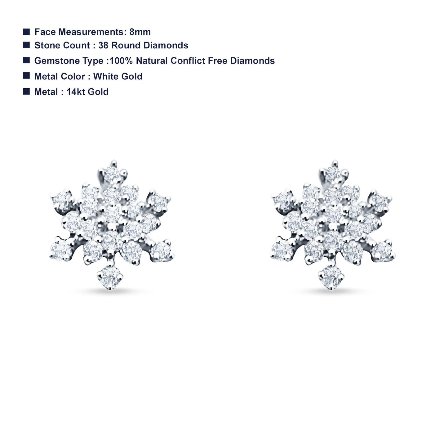 Solid 14K White Gold 8mm Snowflake Diamond Stud Earrings Wholesale