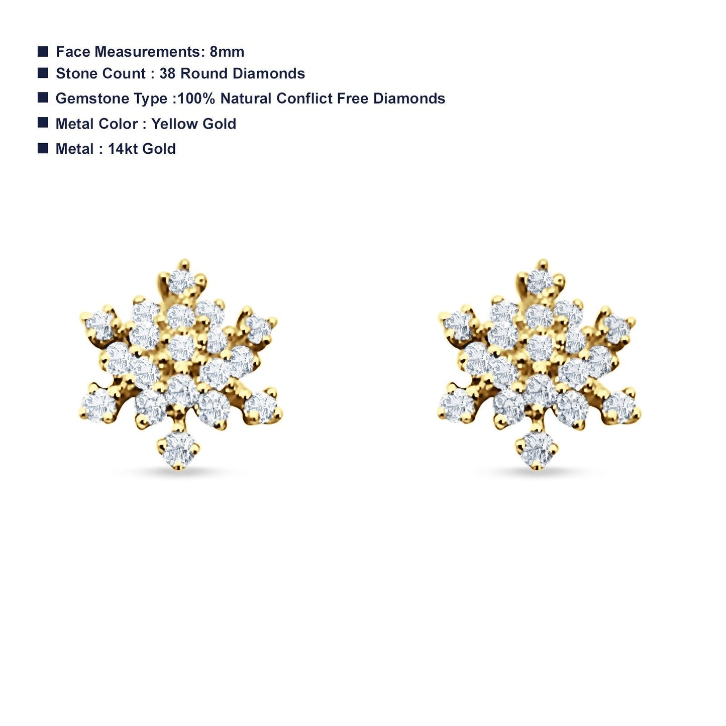 Solid 14K Yellow Gold 8mm Snowflake Diamond Stud Earrings Wholesale