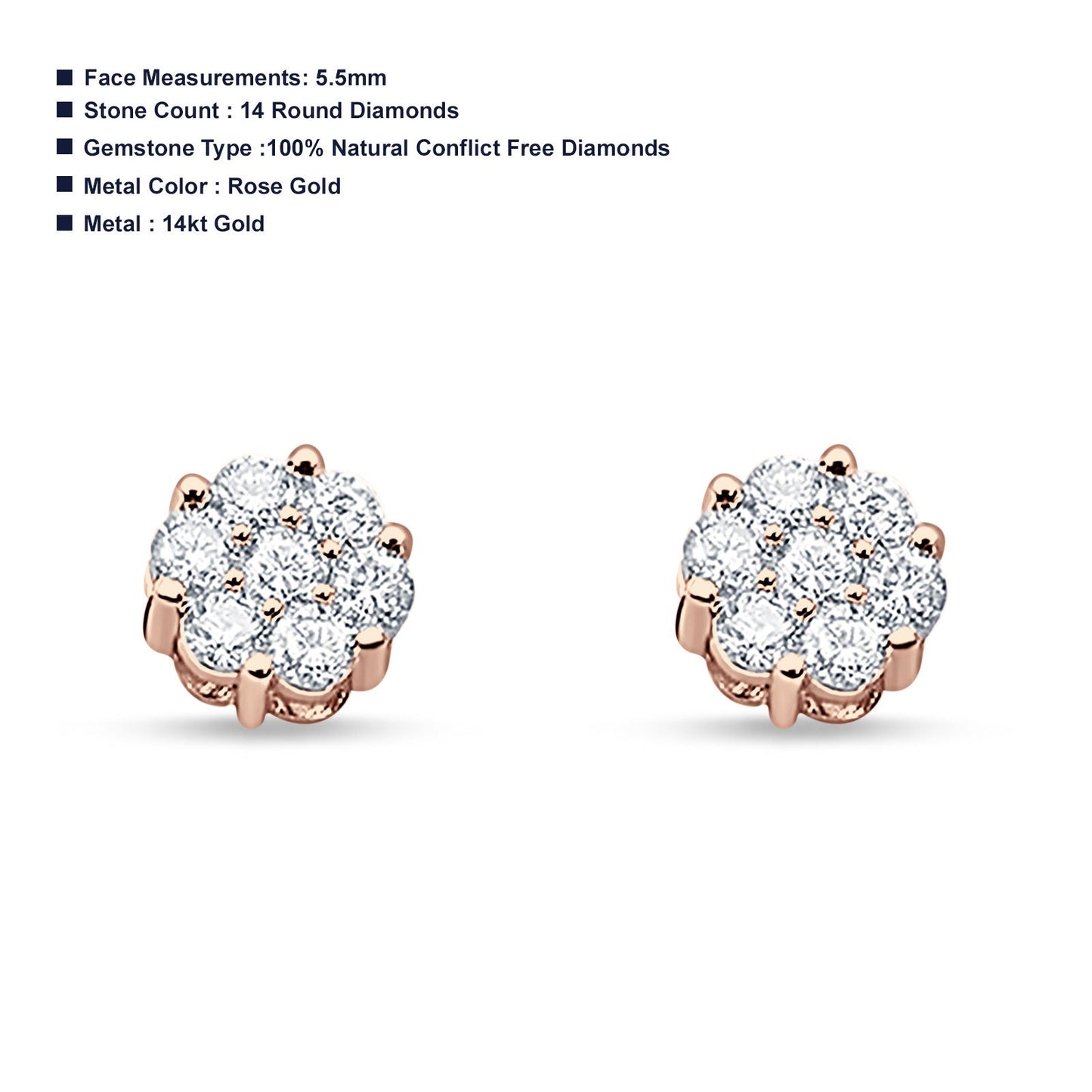 Solid 14K Rose Gold 5.5mm Round Flower Cluster Diamond Stud Earrings Screw Back Wholesale