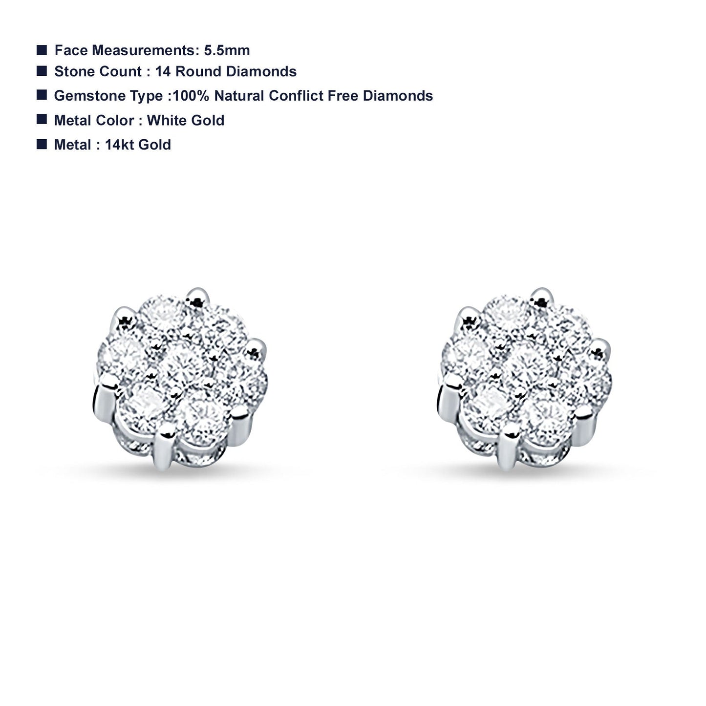 Solid 14K White Gold 5.5mm Round Flower Cluster Diamond Stud Earrings Screw Back Wholesale