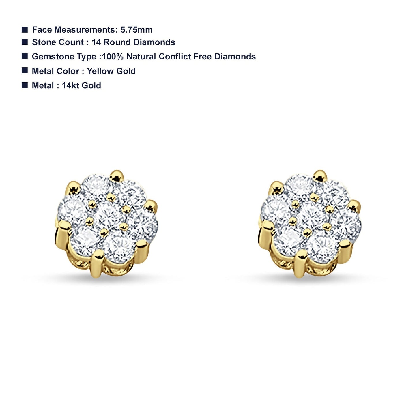 Solid 14K Yellow Gold 5.75mm Round Flower Diamond Cluster Stud Earrings Screw Back Wholesale