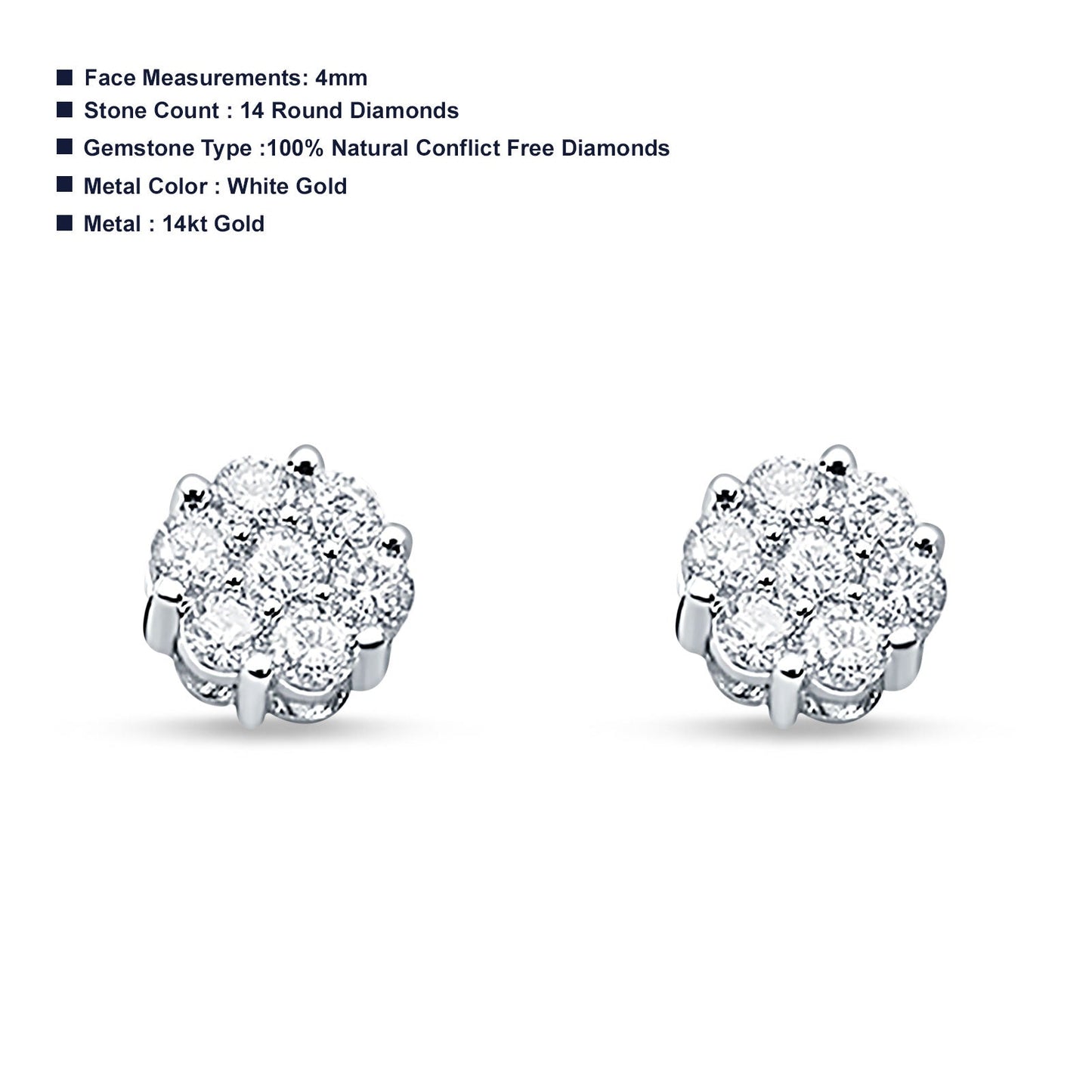 14K White Gold 4mm Flower Round Cluster Diamond Stud Earrings Screw Back Wholesale