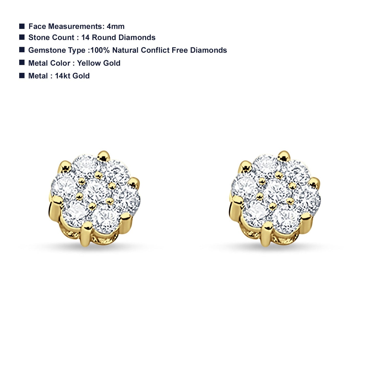 14K Yellow Gold 4mm Flower Round Cluster Diamond Stud Earrings Screw Back Wholesale