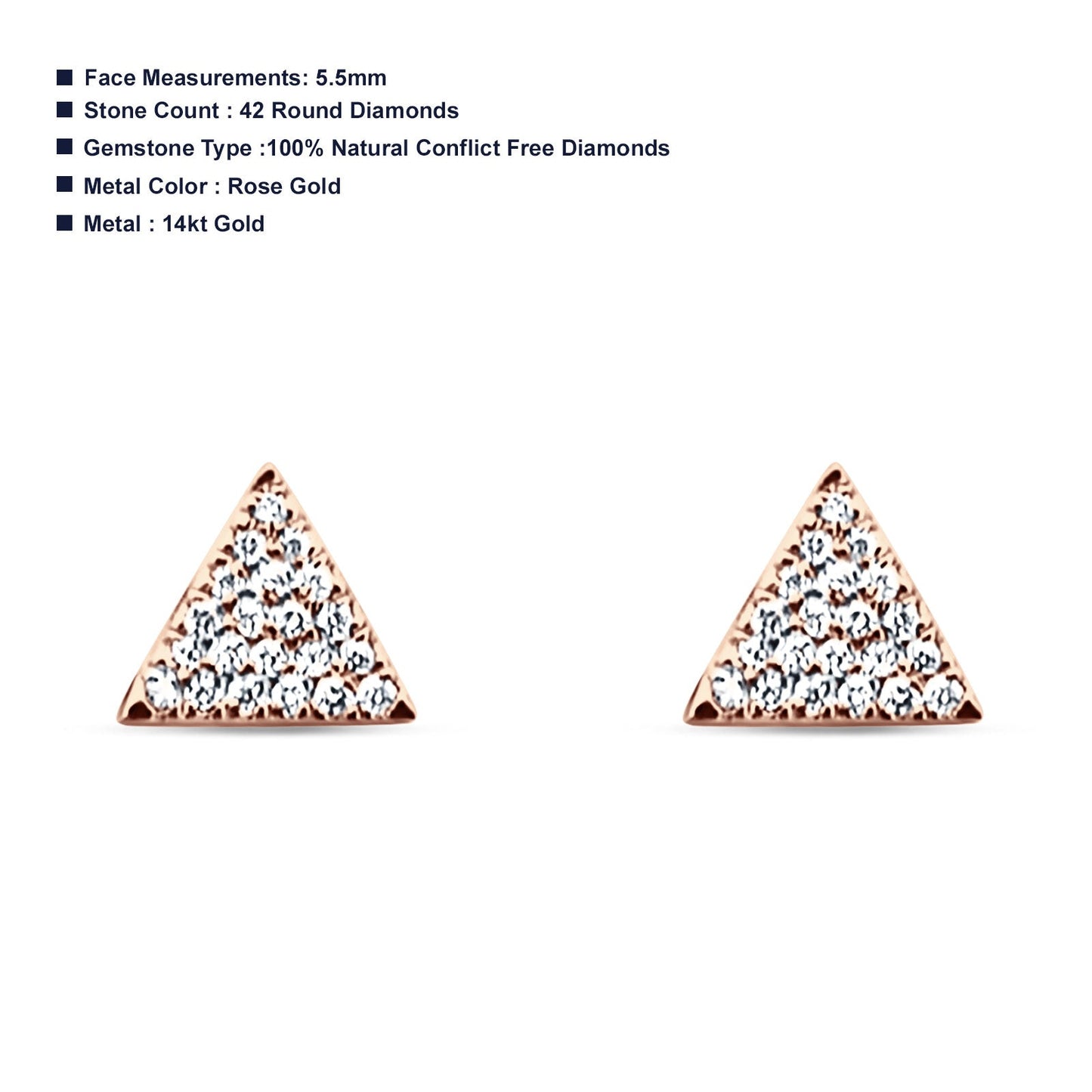 Solid 14K Rose Gold 5.5mm Triangle Round Diamond Stud Earrings Push Back Wholesale