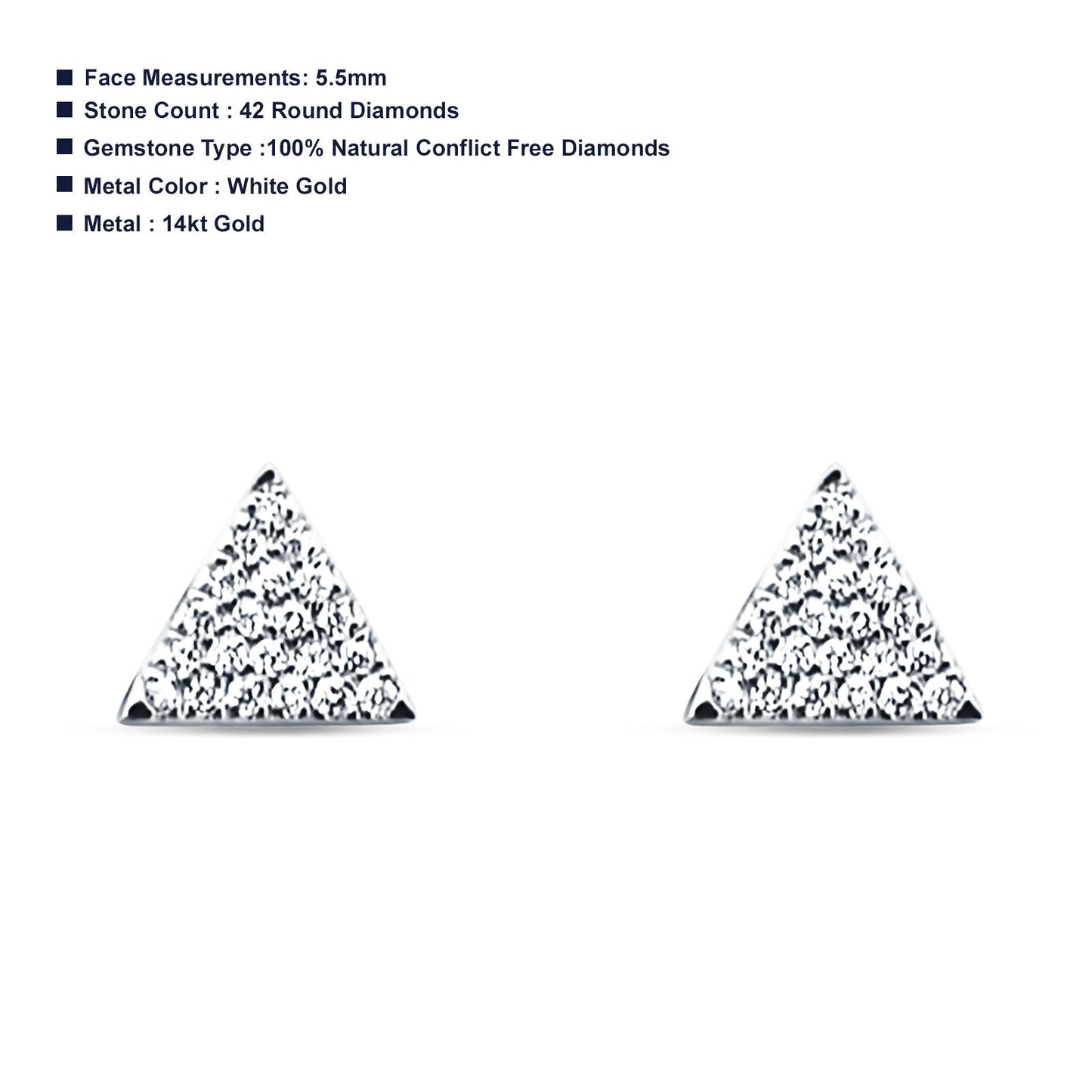 Solid 14K White Gold 5.5mm Triangle Round Diamond Stud Earrings Push Back Wholesale