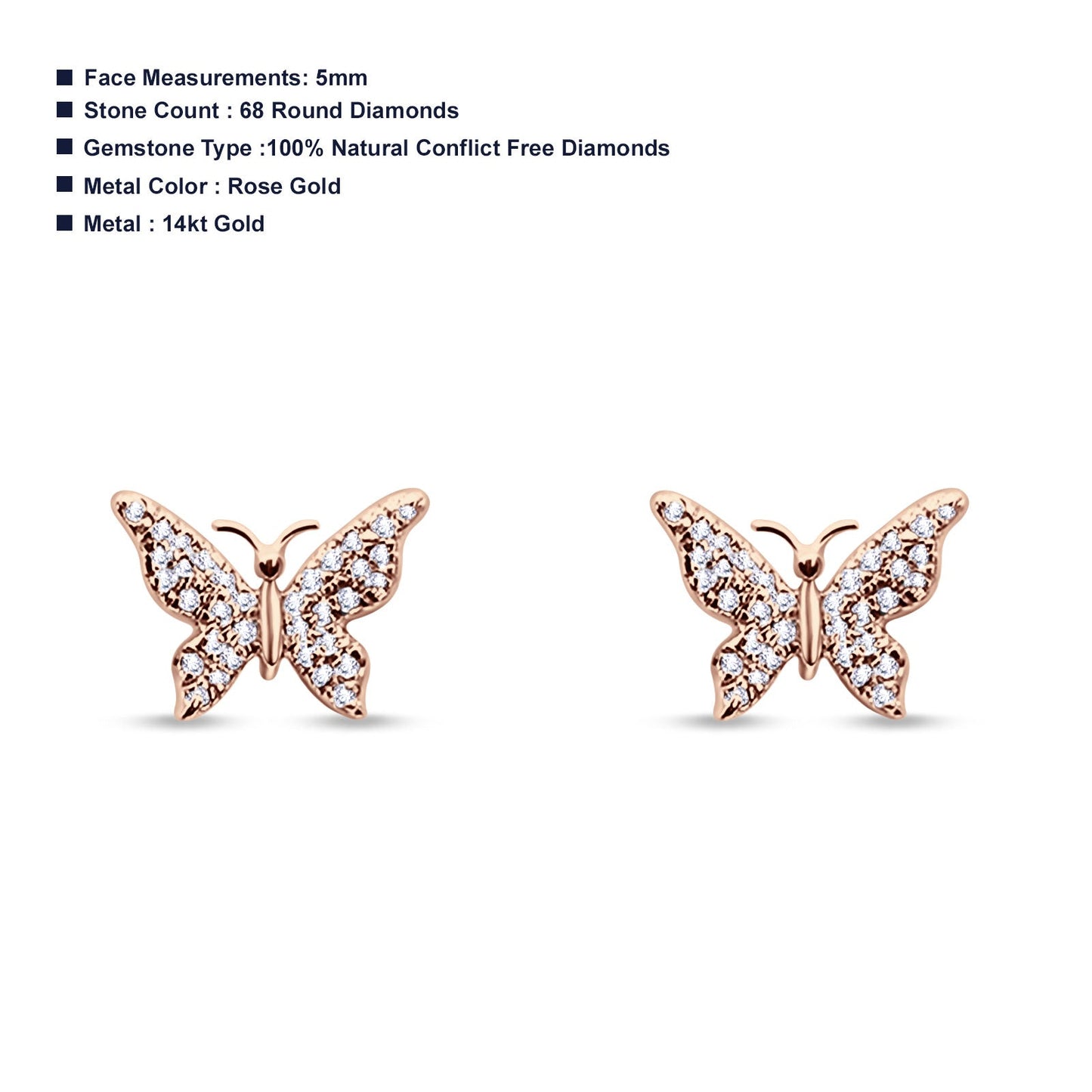 Solid 14K Rose Gold 5mm Butterfly Round Diamond Stud Earrings Push Back Wholesale