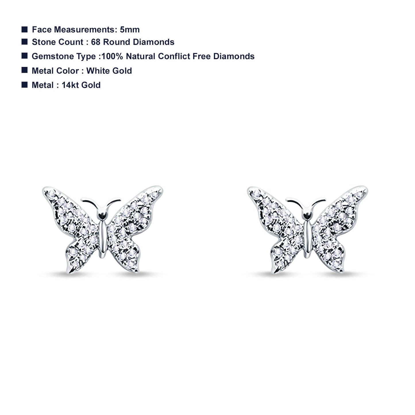 Solid 14K White Gold 5mm Butterfly Round Diamond Stud Earrings Push Back Wholesale