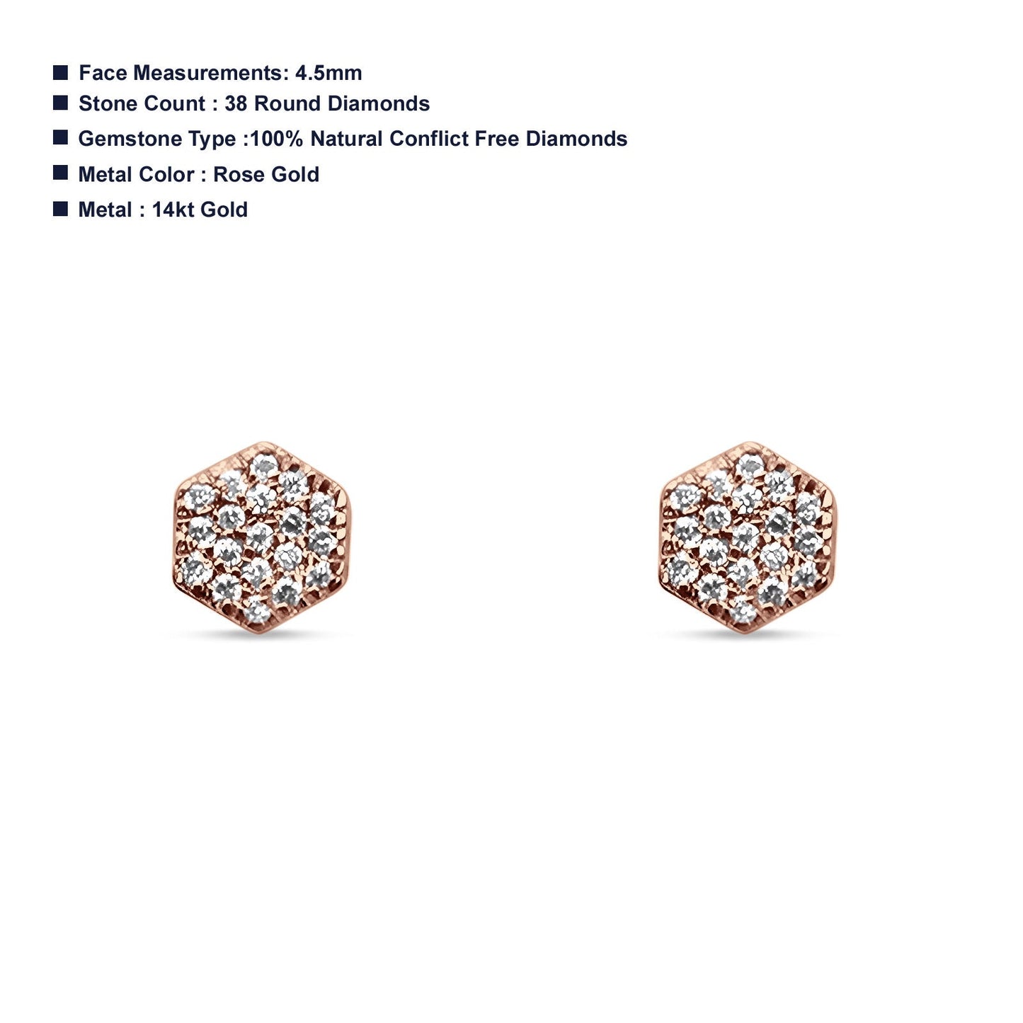 Diamond Stud Earrings Minimalist Hexagon 14K Rose Gold 0.08ct Wholesale