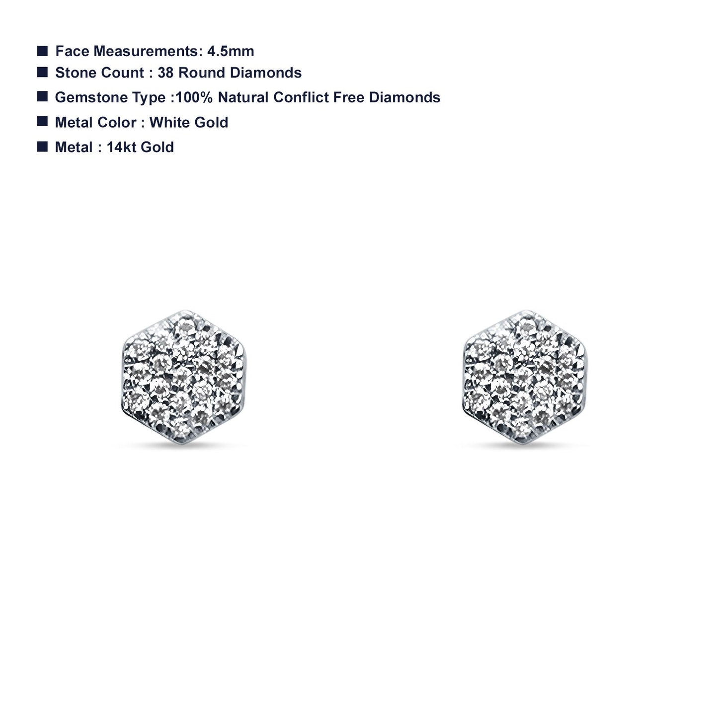 Diamond Stud Earrings Minimalist Hexagon 14K White Gold 0.08ct Wholesale