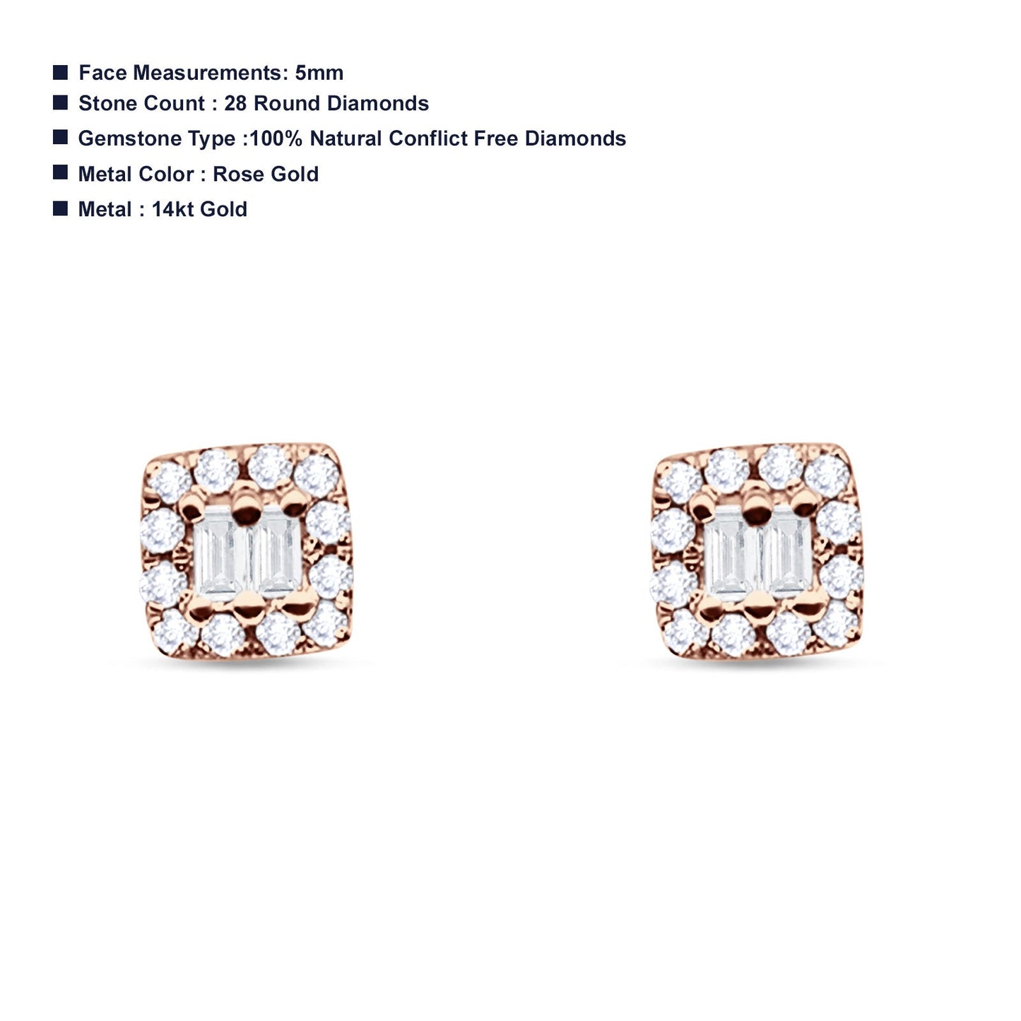 Solid 14K Rose Gold 5mm Modern Square Round Baguette Diamond Stud Earrings Push Back Wholesale