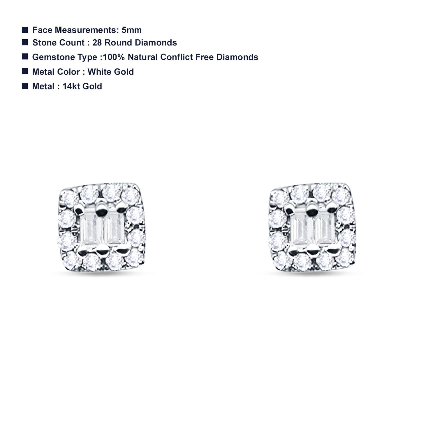 Solid 14K White Gold 5mm Modern Square Round Baguette Diamond Stud Earrings Push Back Wholesale