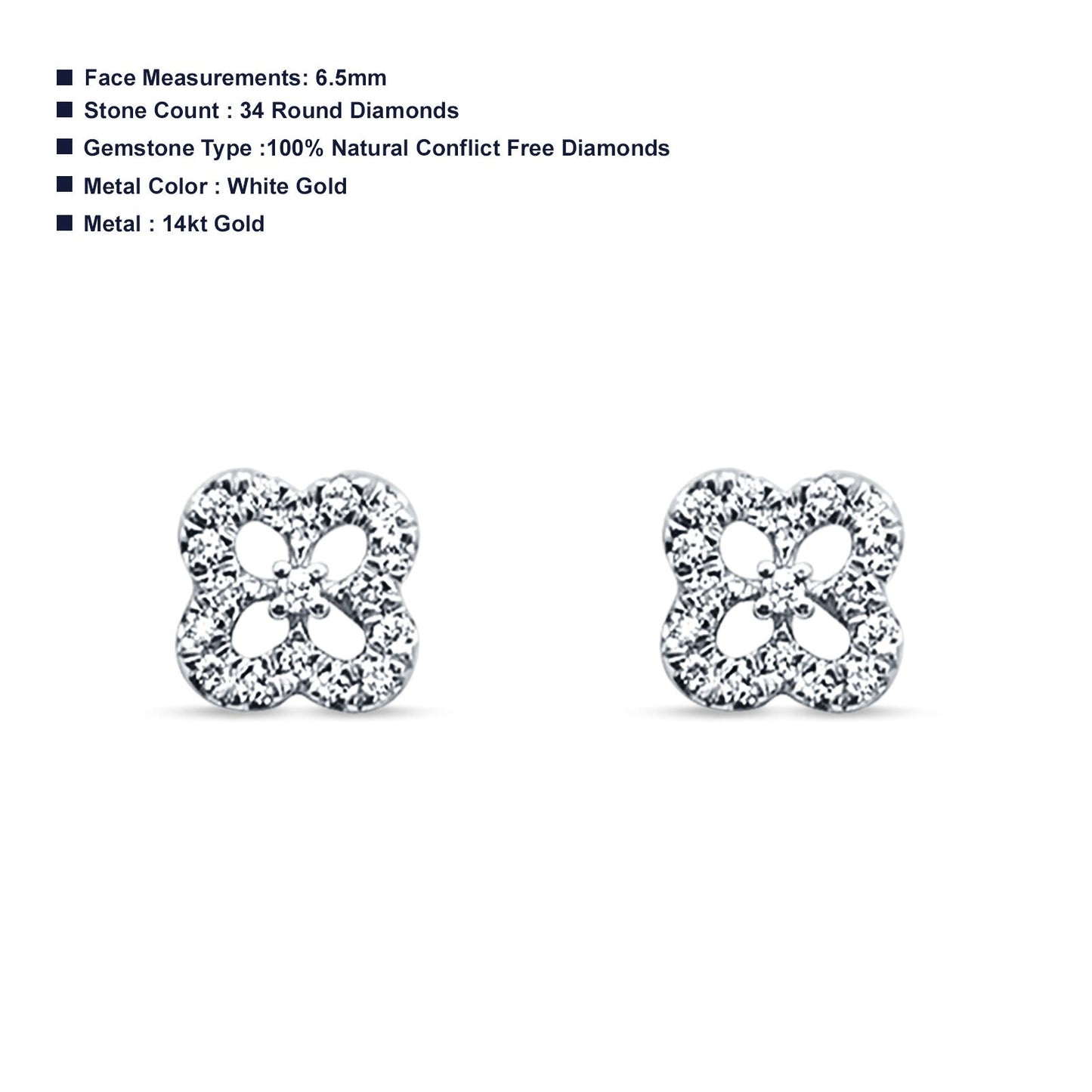 Diamond Stud Earrings Trendy Clover Shaped 14K White Gold 0.18ct Wholesale