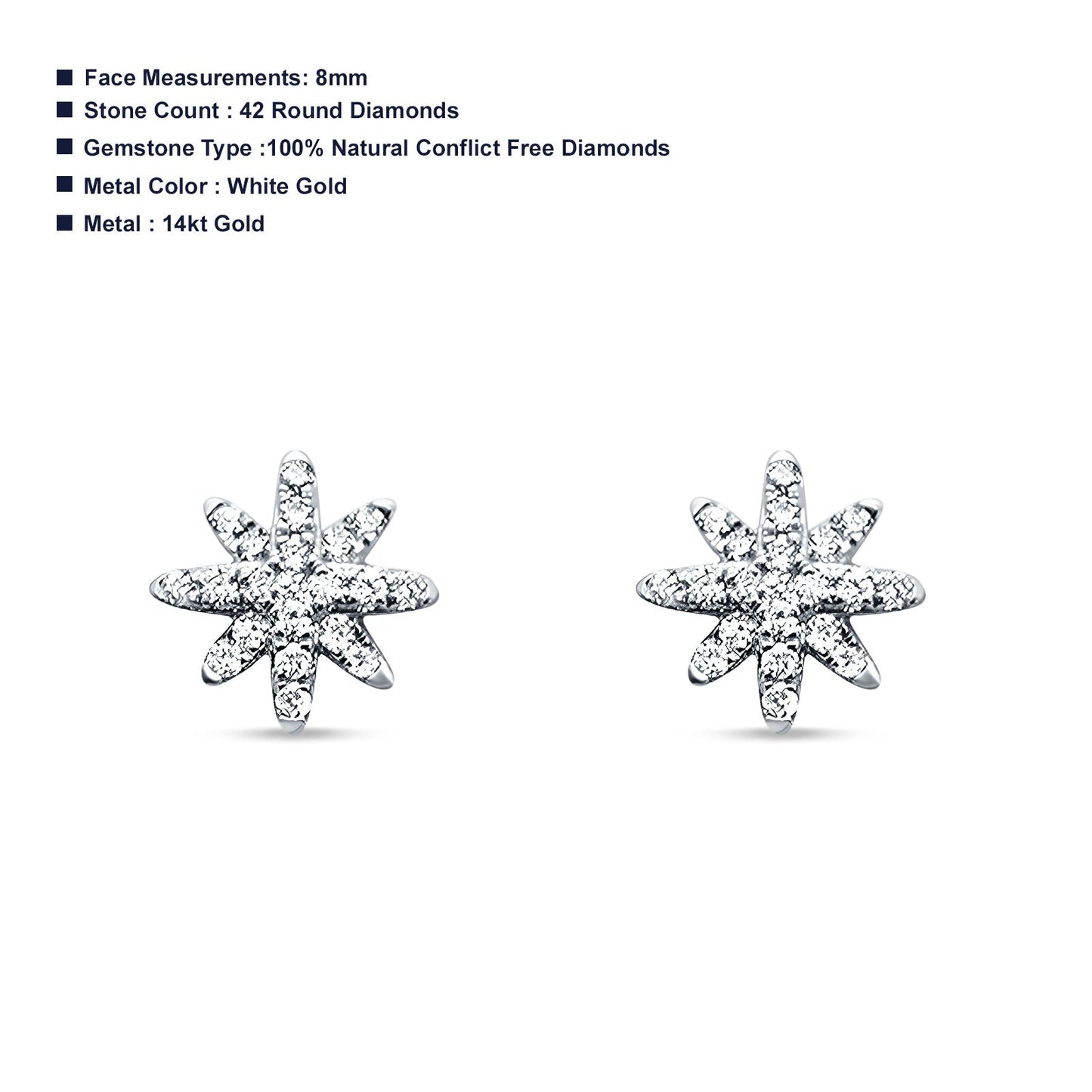 Starburst Diamond Stud Earrings Trendy 14K White Gold 0.24ct Wholesale