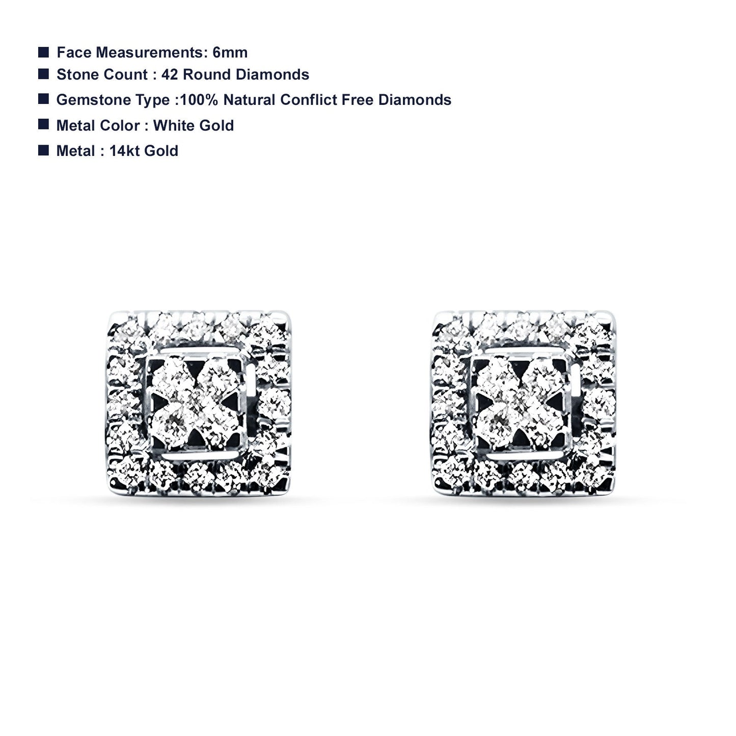 Diamond Stud Earrings Square Shaped Cluster 14K White Gold 0.27ct Wholesale