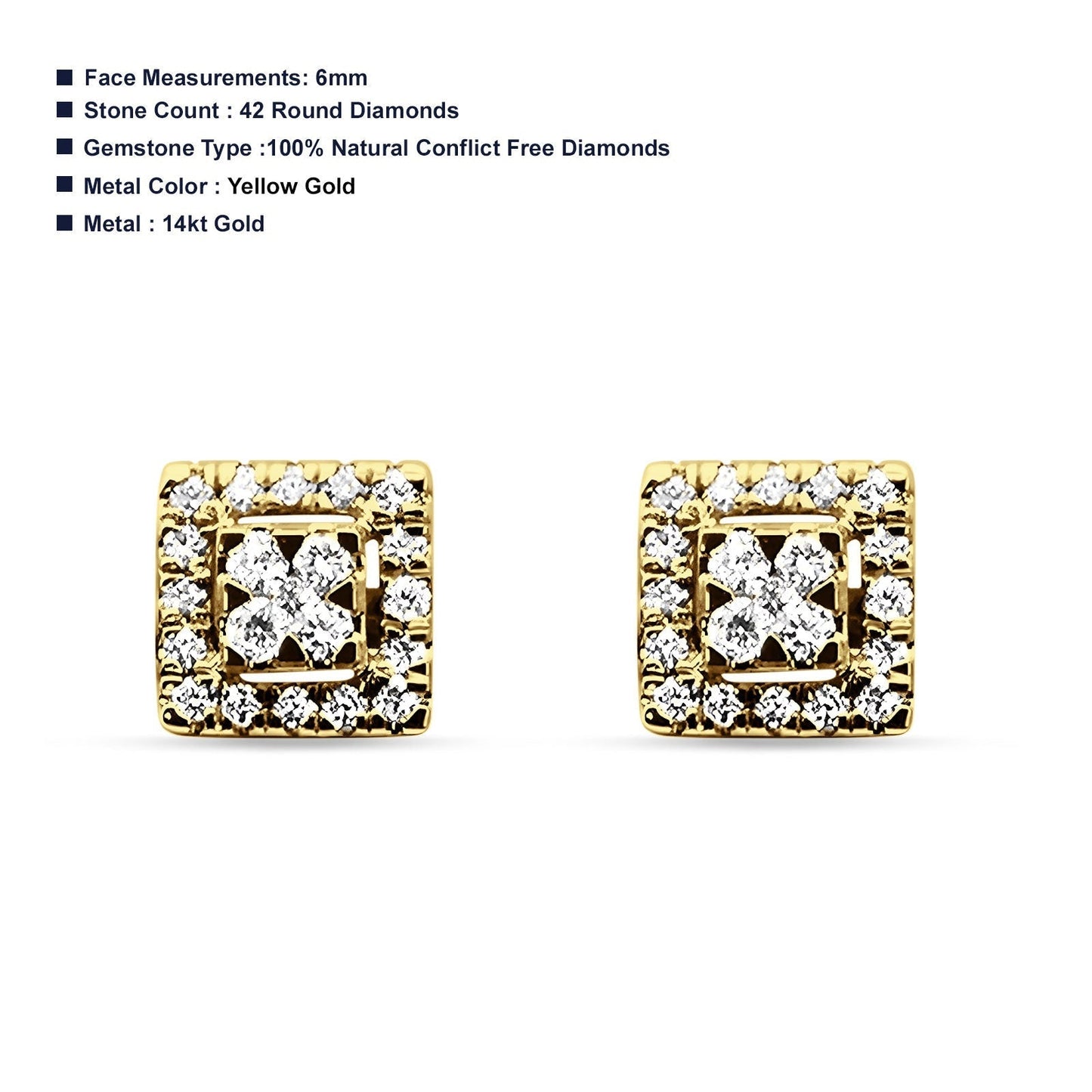 Diamond Stud Earrings Square Shaped Cluster 14K Yellow Gold 0.27ct Wholesale