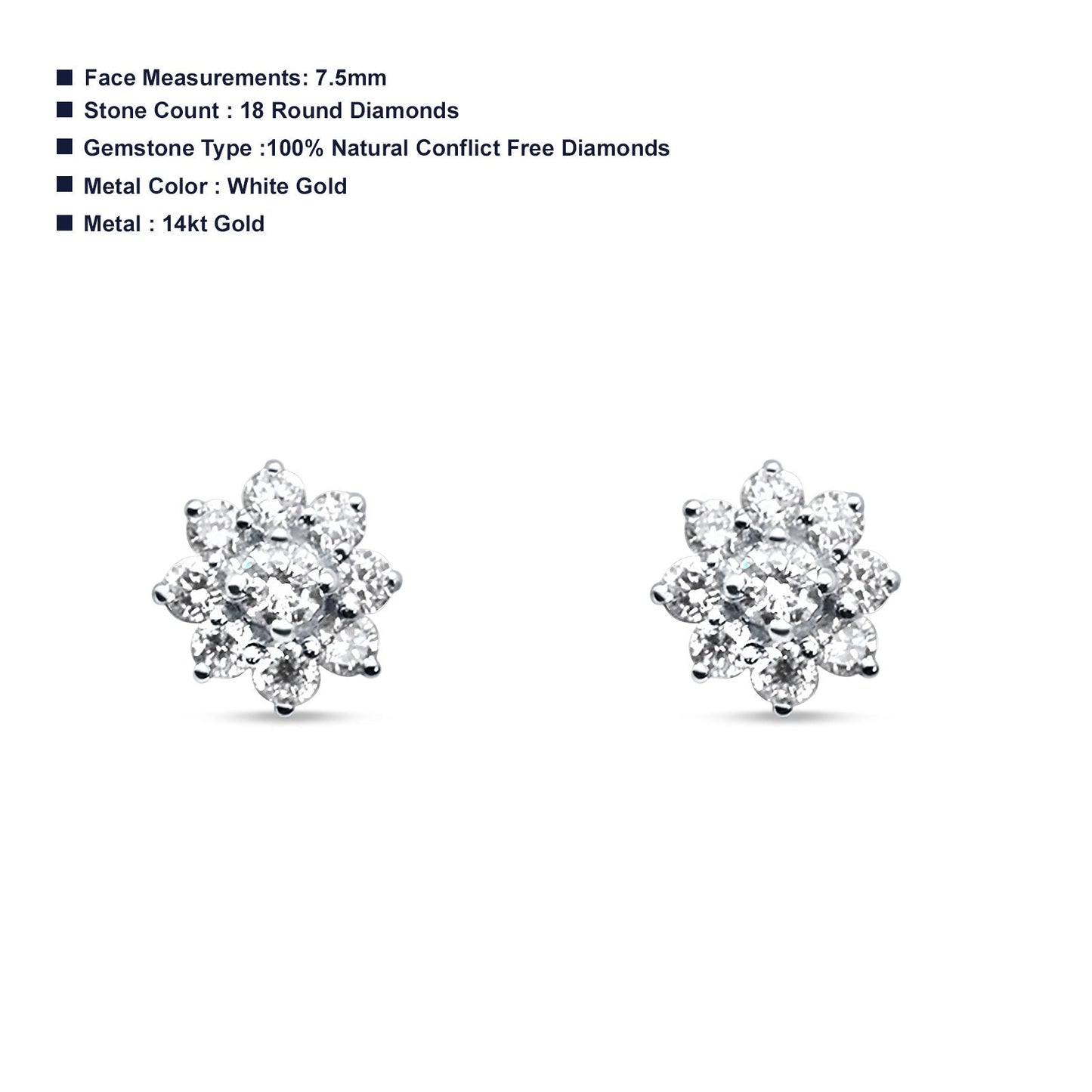 Diamond Flower Stud Earrings 14K White Gold 0.54ct Wholesale