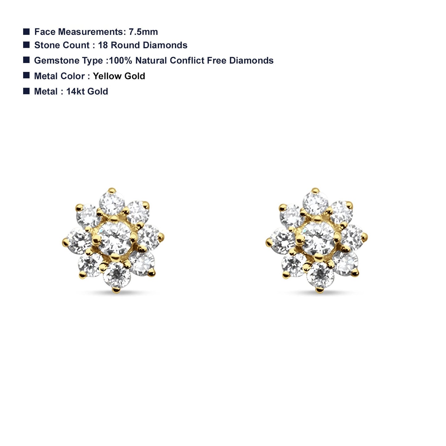 Diamond Flower Stud Earrings 14K Yellow Gold 0.54ct Wholesale