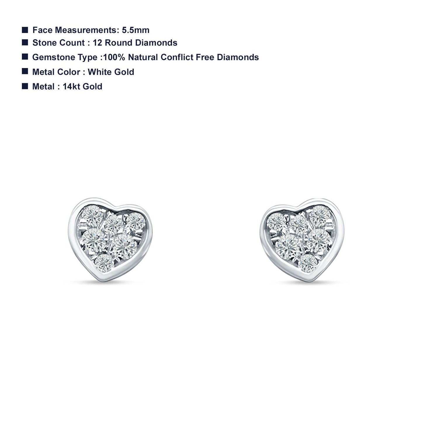 Diamond Stud Earring Pave Heart 14K White Gold 0.17ct Wholesale