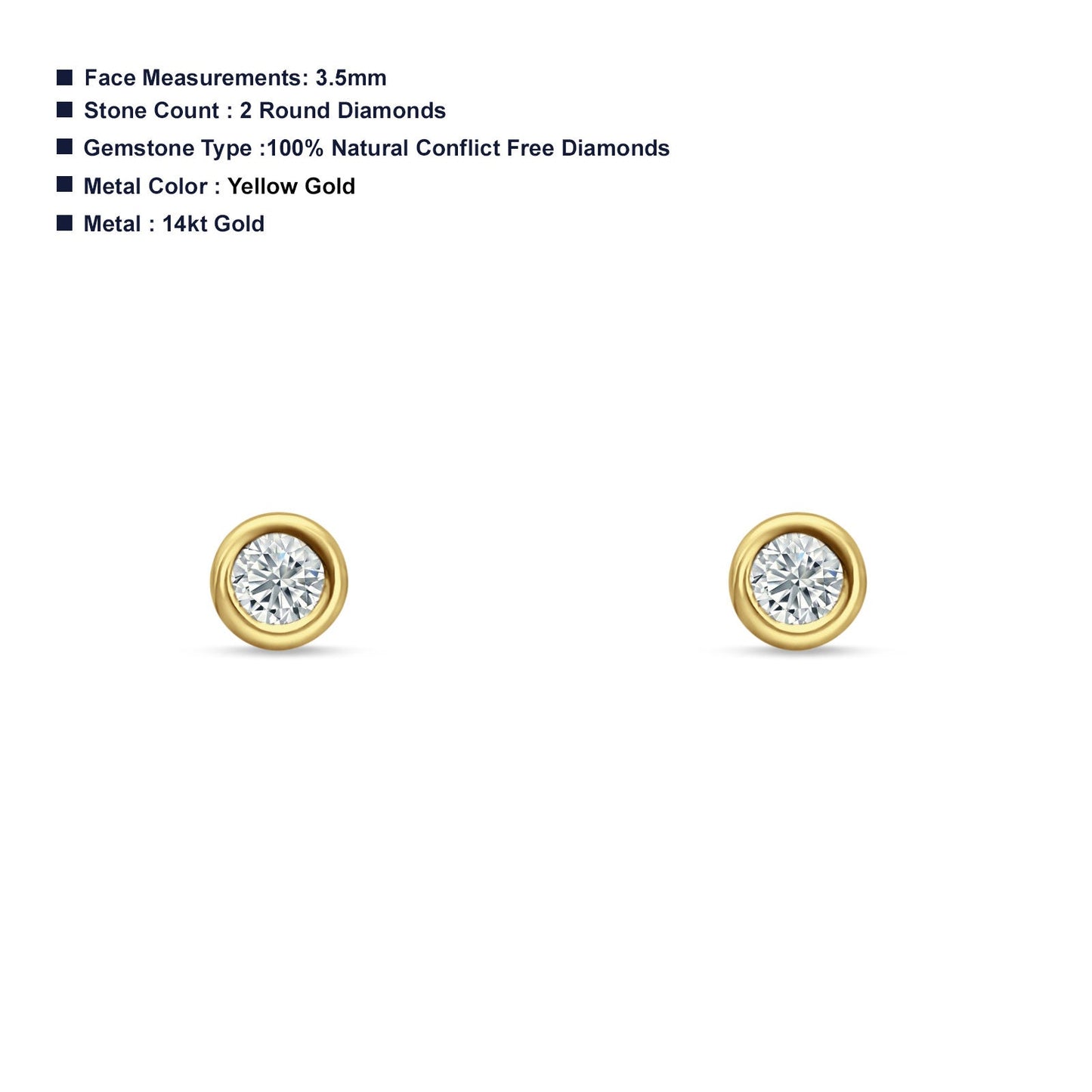 Solitaire Round Bezel Diamond Stud Earring 14K Yellow Gold 0.11ct Wholesale