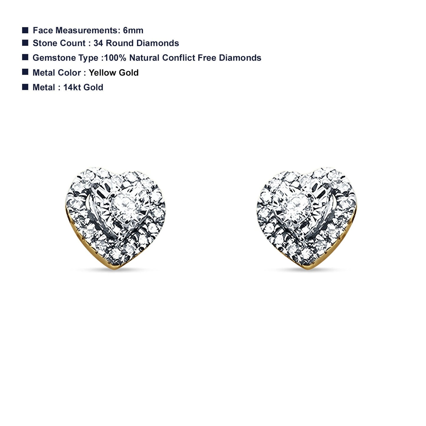 Heart Shaped Diamond Stud Earring Cluster 14K Yellow Gold 0.12ct Wholesale