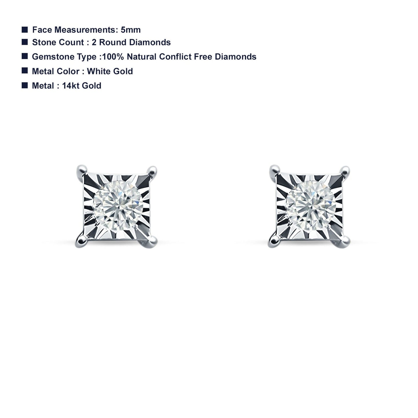 Diamond Square Shaped Stud Earring Solitaire 14K White Gold 0.16ct Wholesale