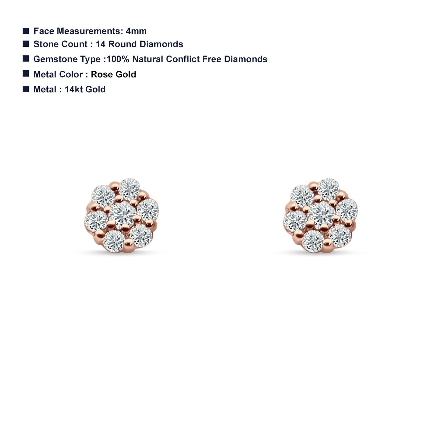 Cluster Flower Diamond Stud Earring 14K Rose Gold 0.15ct Wholesale