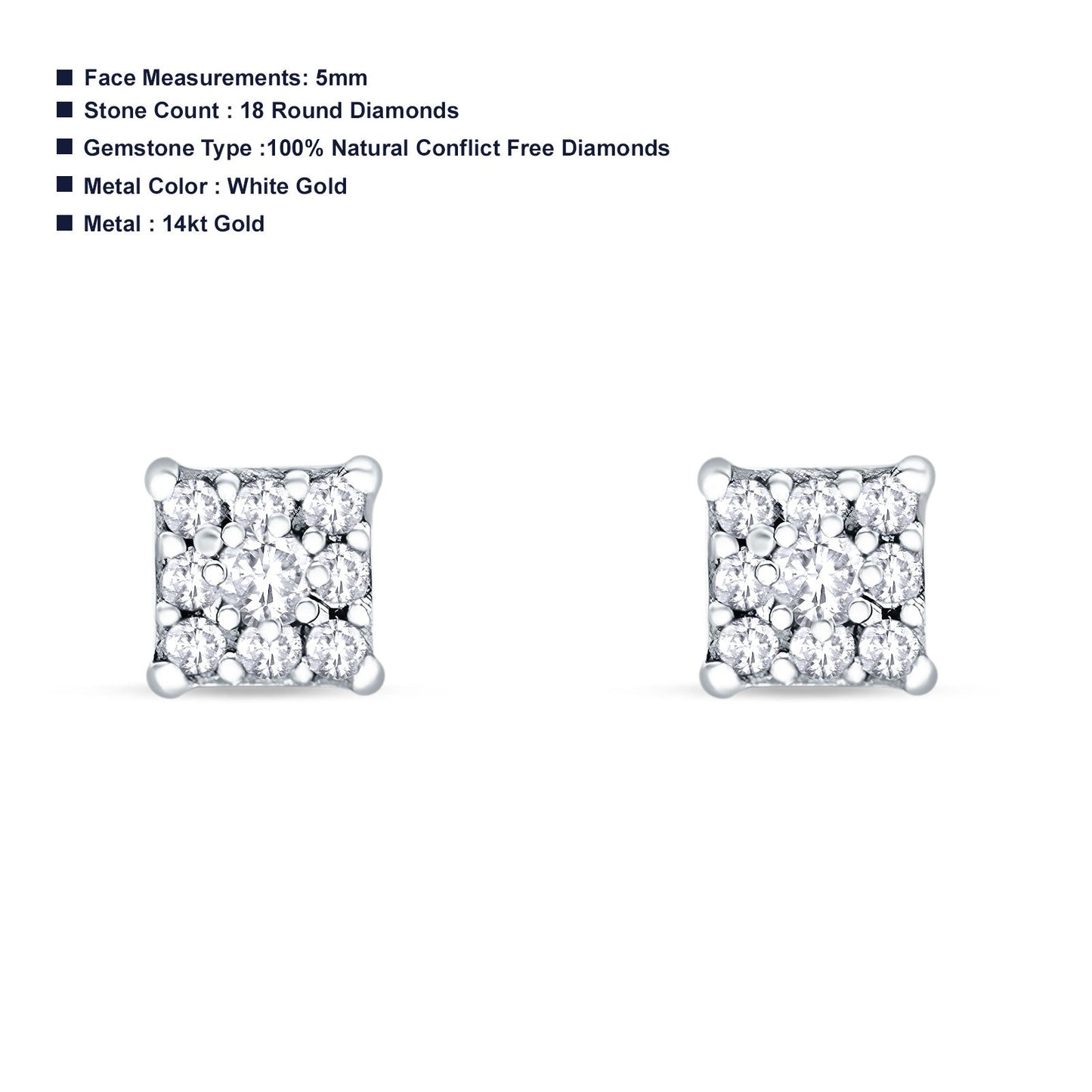 Square Shaped Diamond Stud Earring 14K White Gold 0.21ct Wholesale