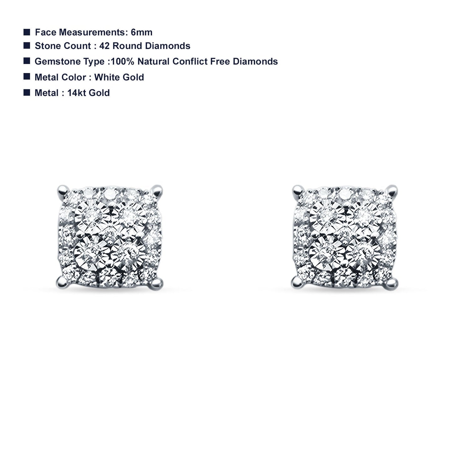 Diamond Cushion Cut Stud Earring 14K White Gold 0.25ct Wholesale