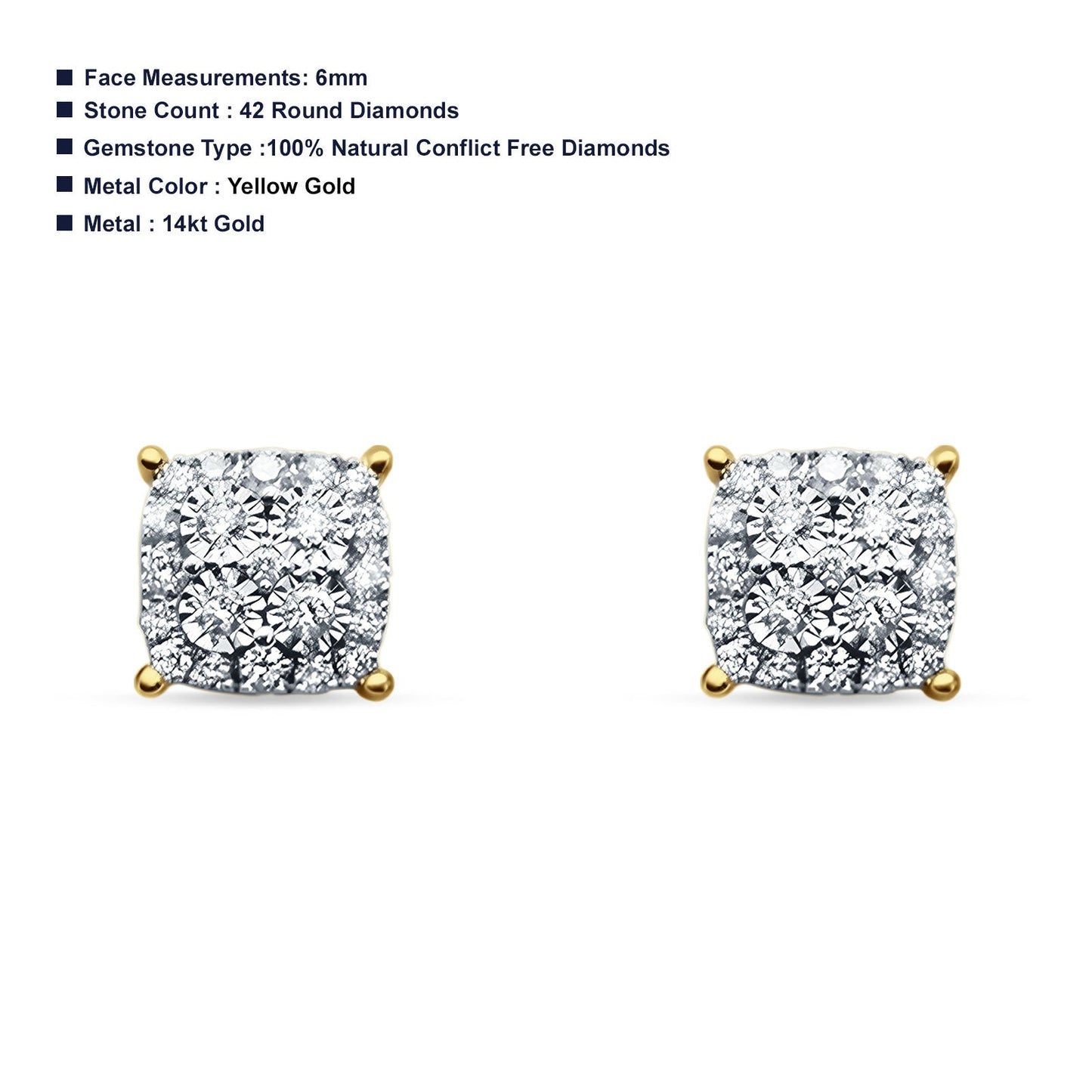 Diamond Cushion Cut Stud Earring 14K Yellow Gold 0.25ct Wholesale