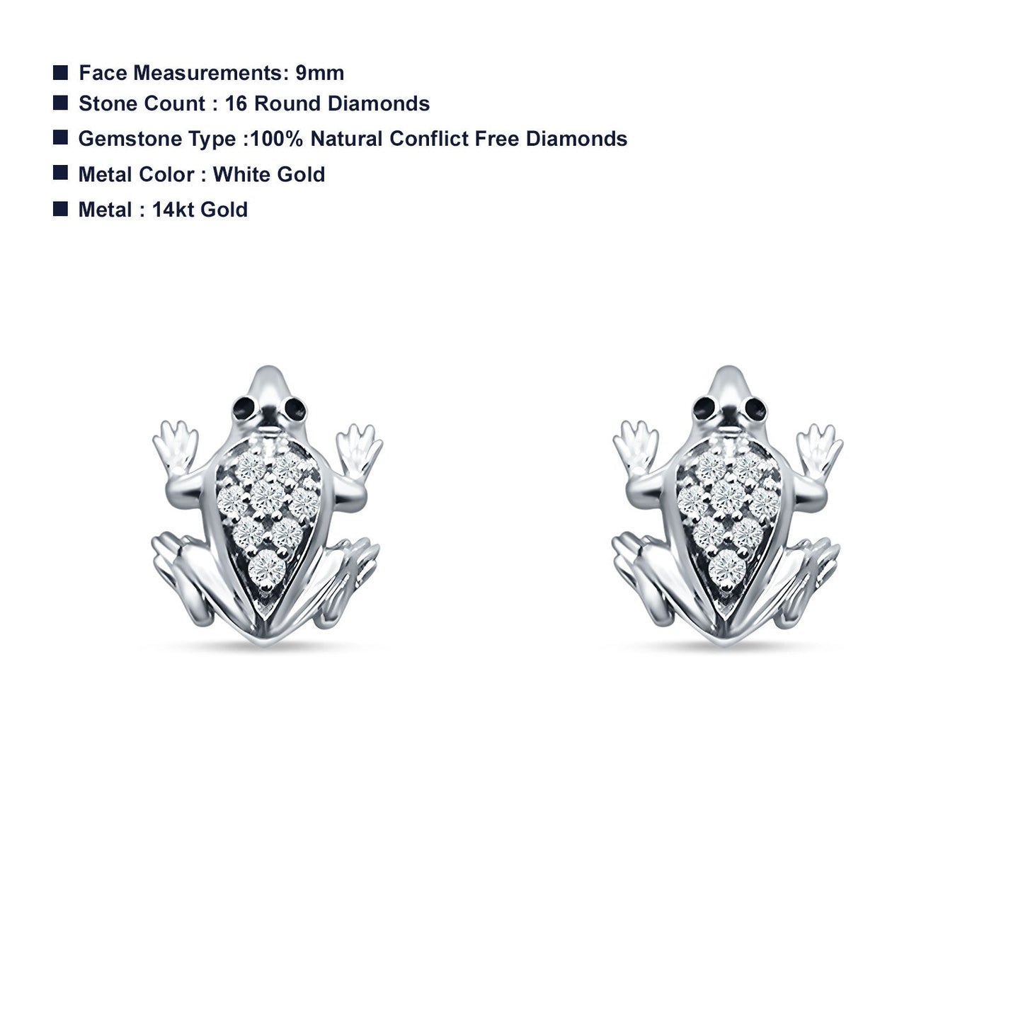 Diamond Frog Stud Earrings 14K White Gold 0.08ct Wholesale