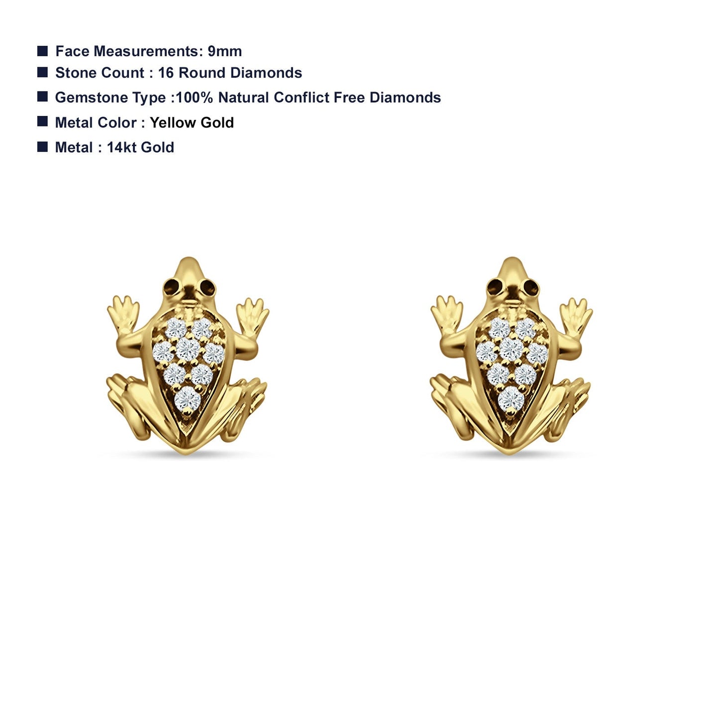 Diamond Frog Stud Earrings 14K Yellow Gold 0.08ct Wholesale