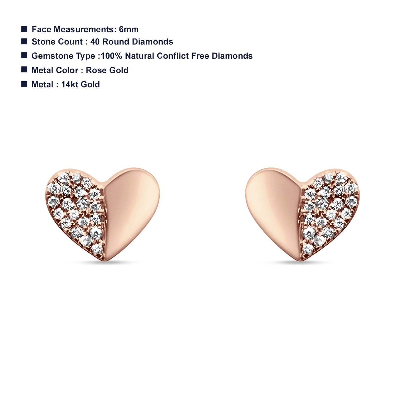 Diamond Heart Stud Earrings Half Filled 14K Rose Gold 0.07ct Wholesale