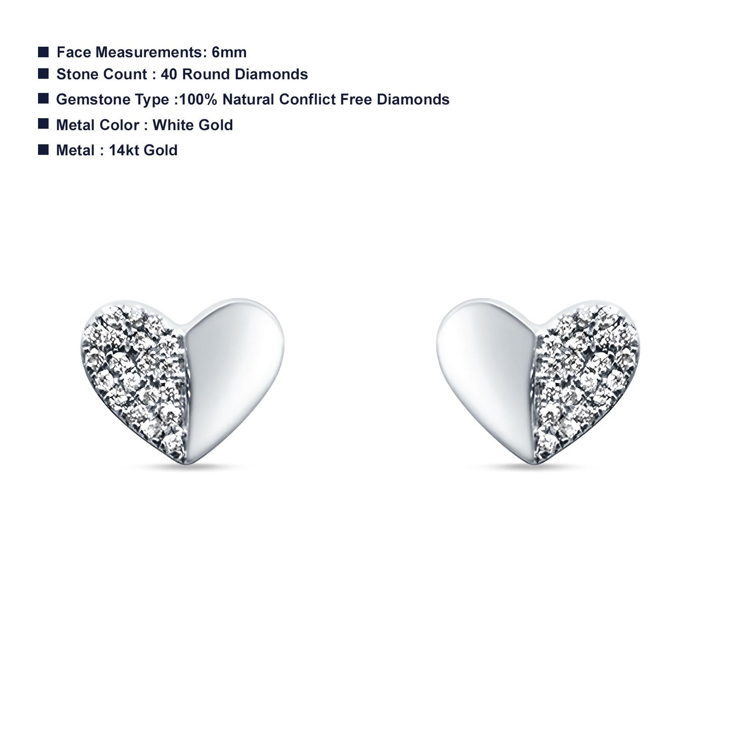 Diamond Heart Stud Earrings Half Filled 14K White Gold 0.07ct Wholesale