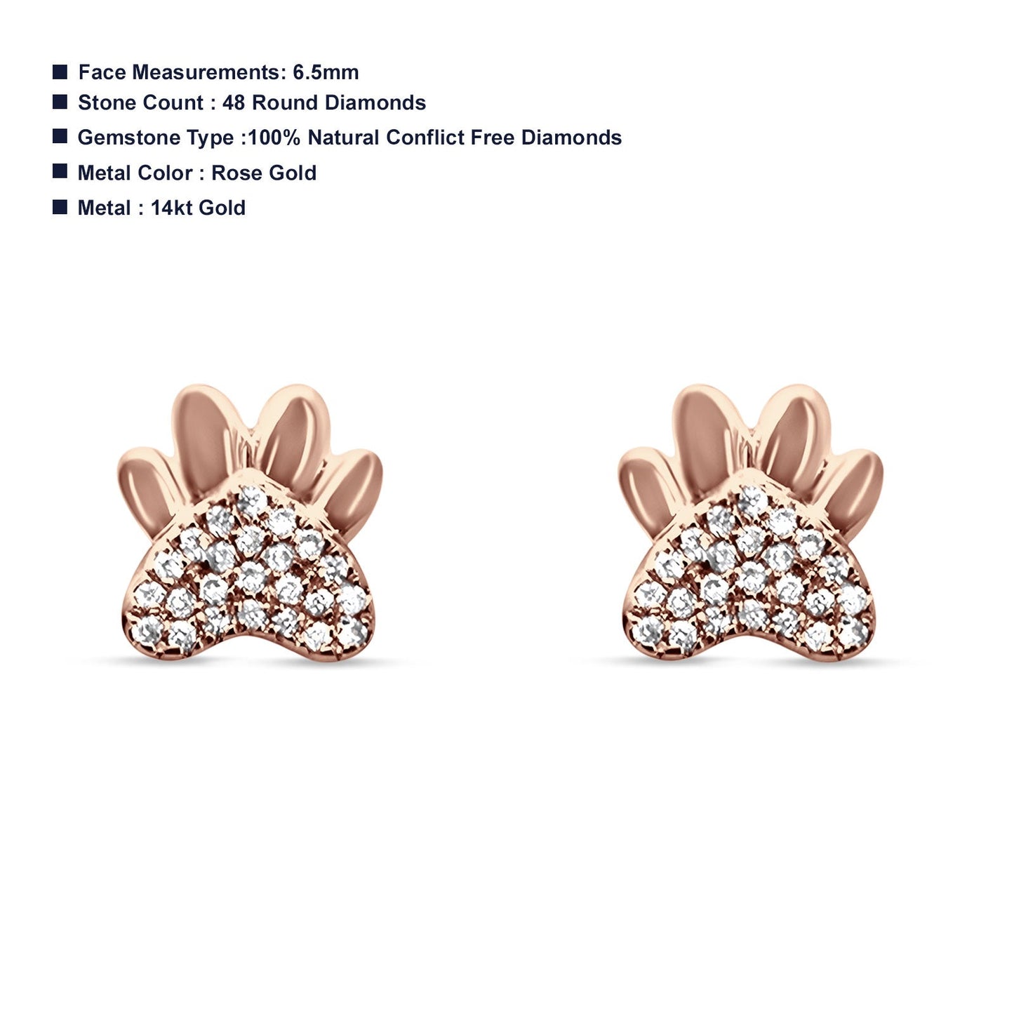 Diamond Paw Print Stud Earrings 14K Rose Gold 0.08ct Wholesale