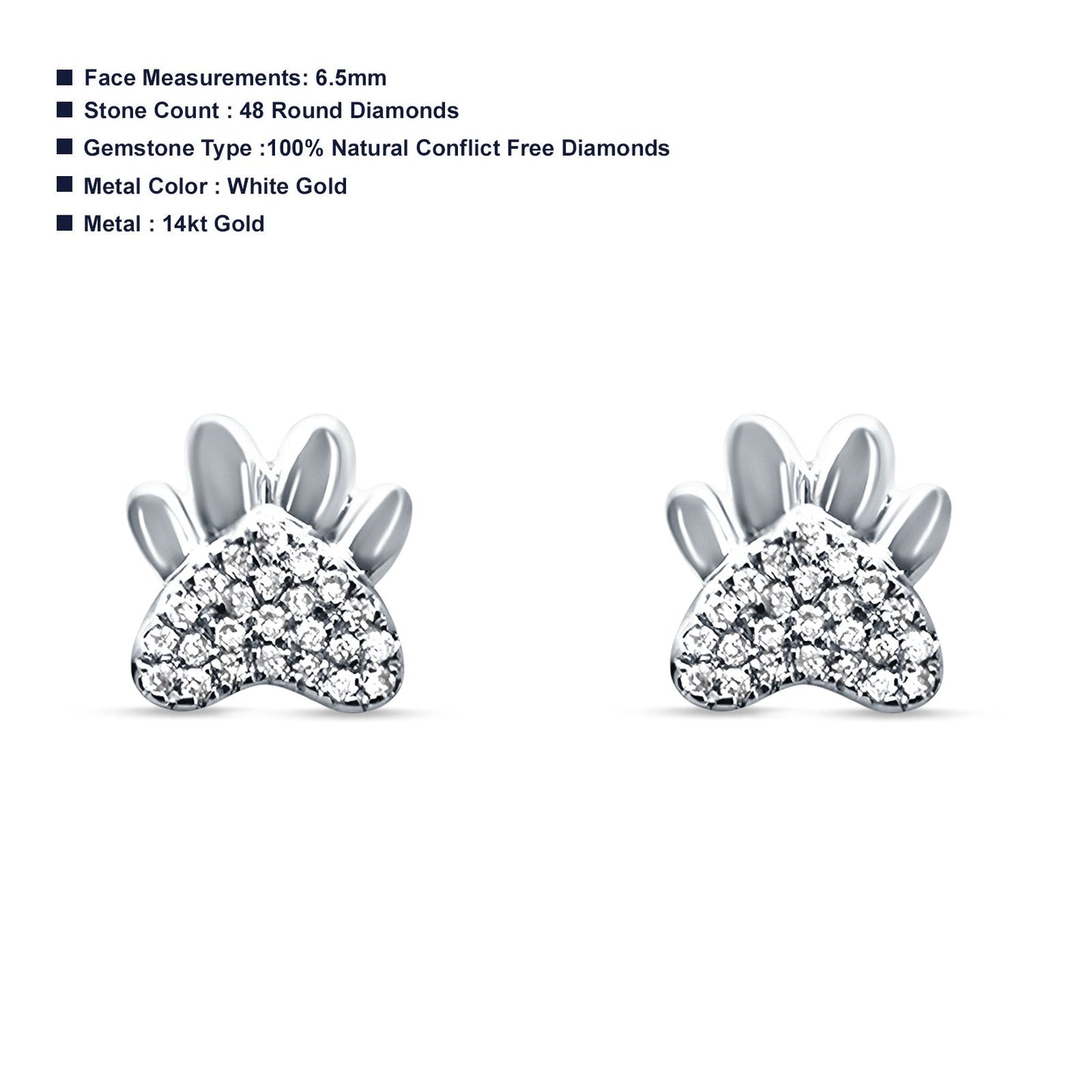 Diamond Paw Print Stud Earrings 14K White Gold 0.08ct Wholesale