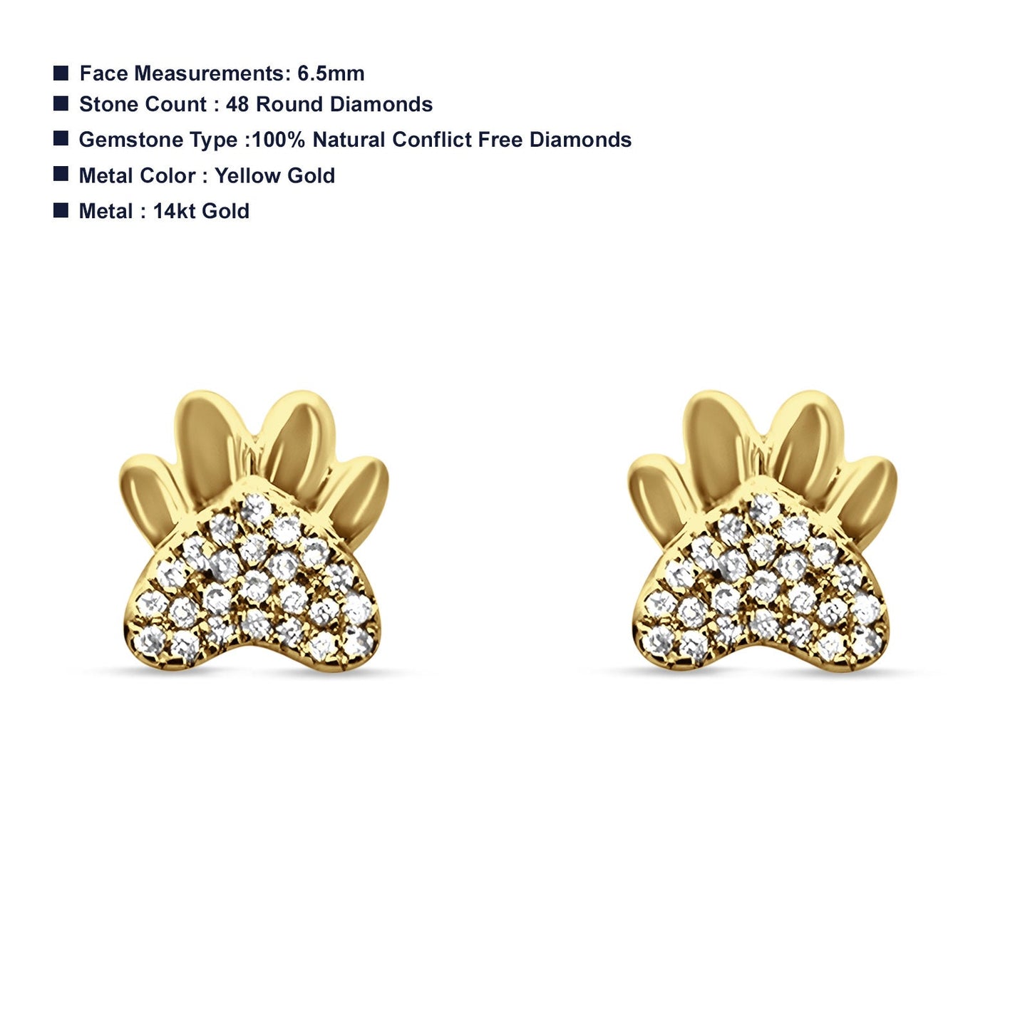 Diamond Paw Print Stud Earrings 14K Yellow Gold 0.08ct Wholesale