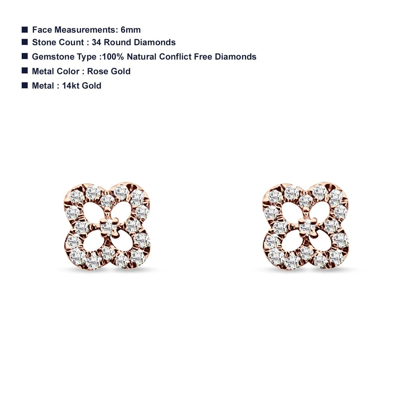 Diamond Clover Stud Earrings 14K Rose Gold 0.17ct Wholesale