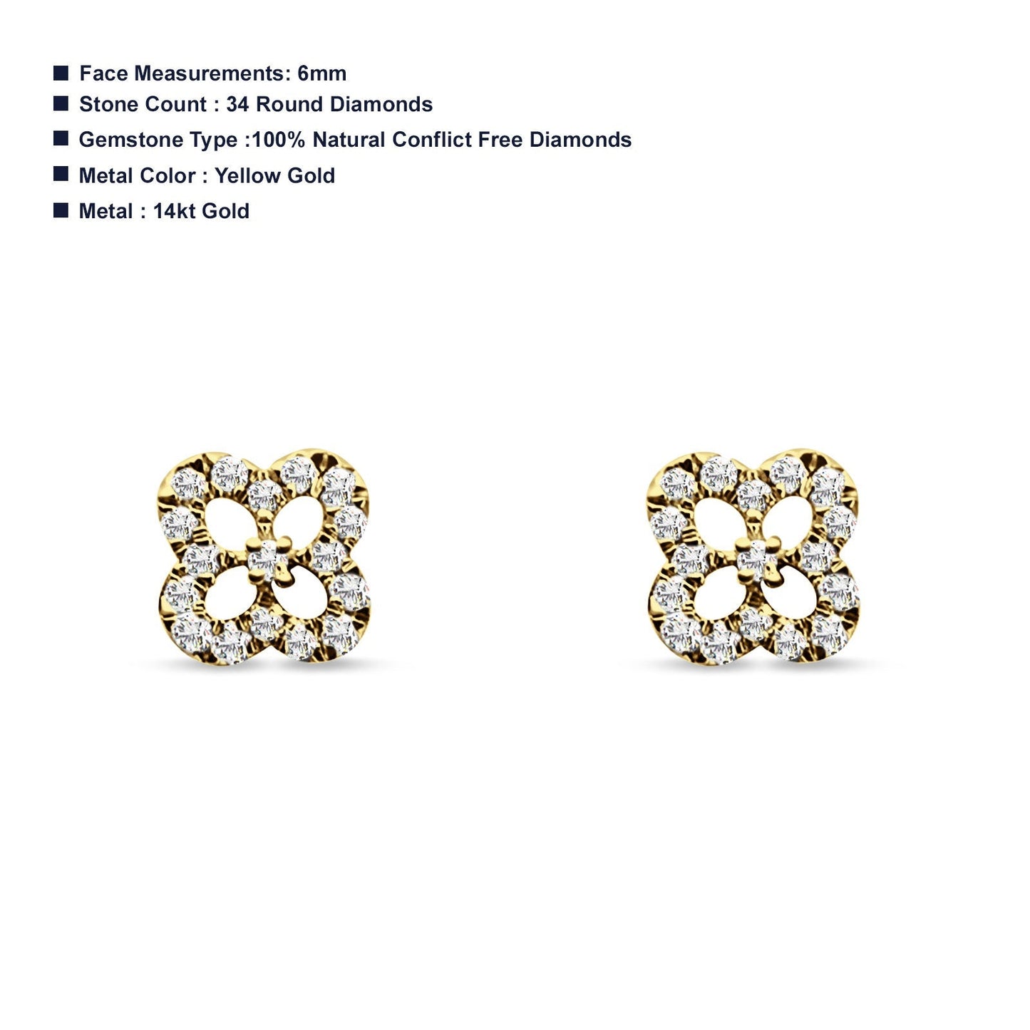 Diamond Clover Stud Earrings 14K Yellow Gold 0.17ct Wholesale