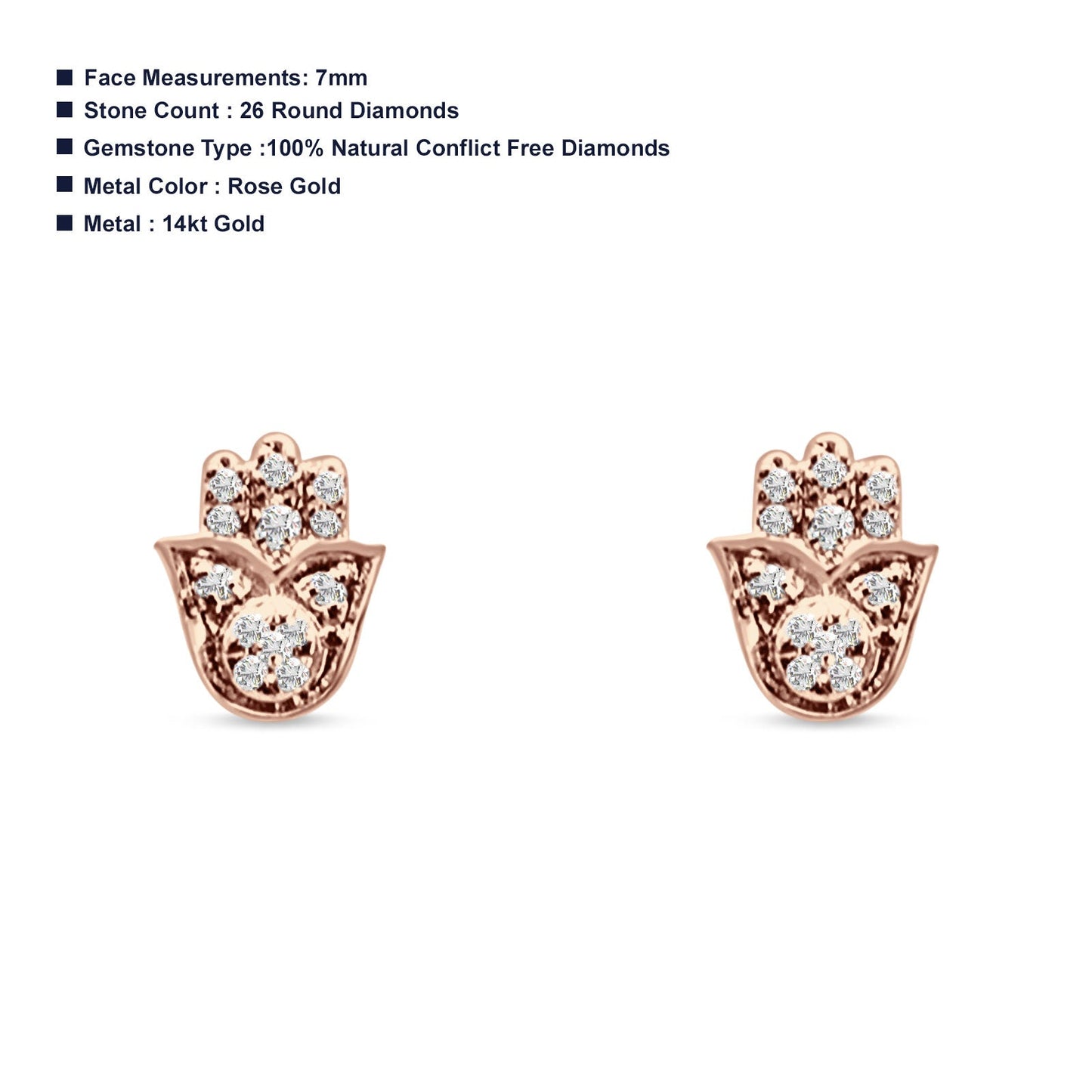 Hamsa Hand Diamond Stud Earrings 14K Rose Gold 0.04ct Wholesale