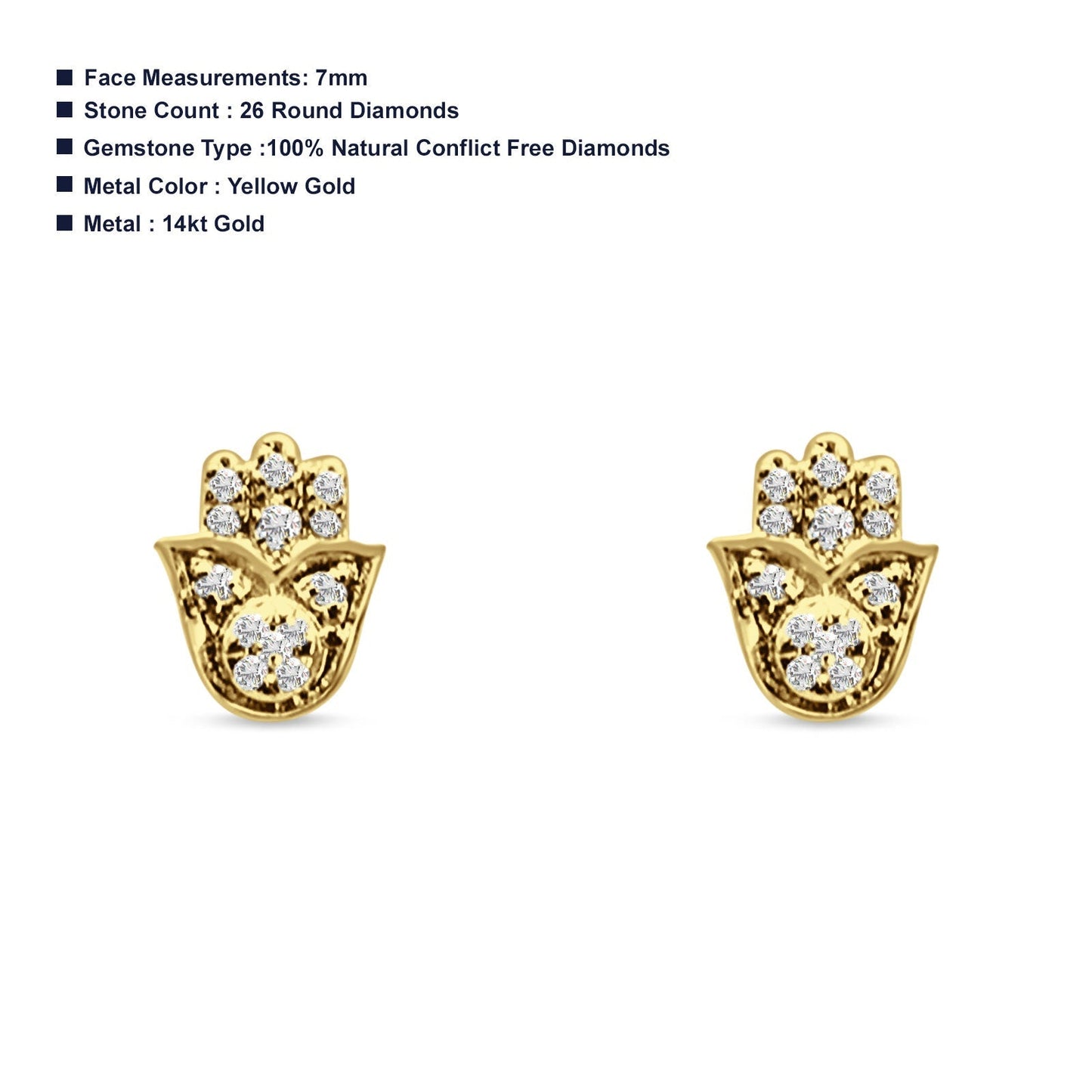 Hamsa Hand Diamond Stud Earrings 14K Yellow Gold 0.04ct Wholesale