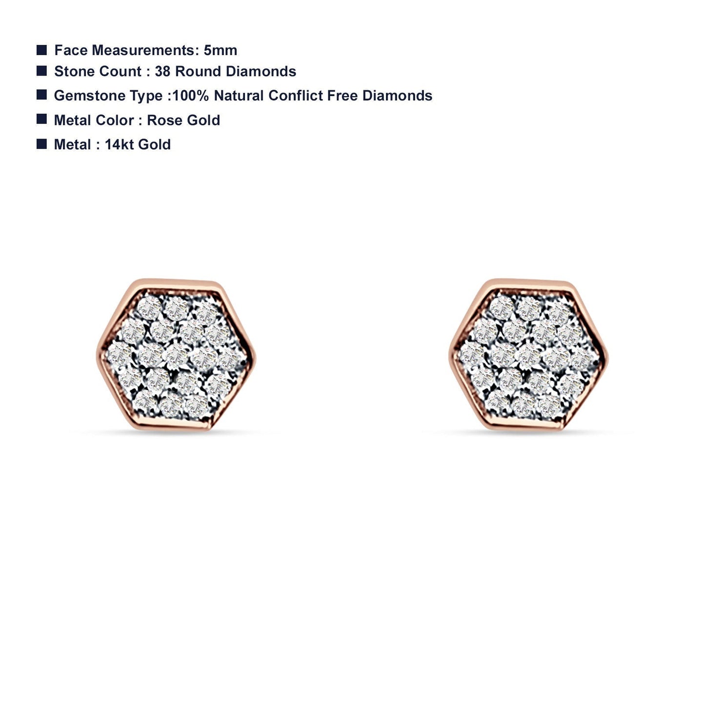 Diamond Stud Earrings Minimalist Hexagon Cluster 14K Rose Gold 0.06ct Wholesale